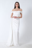 Ekru Drape Detaylı Saten Kumaş Abiye Elbise 9704858.147 