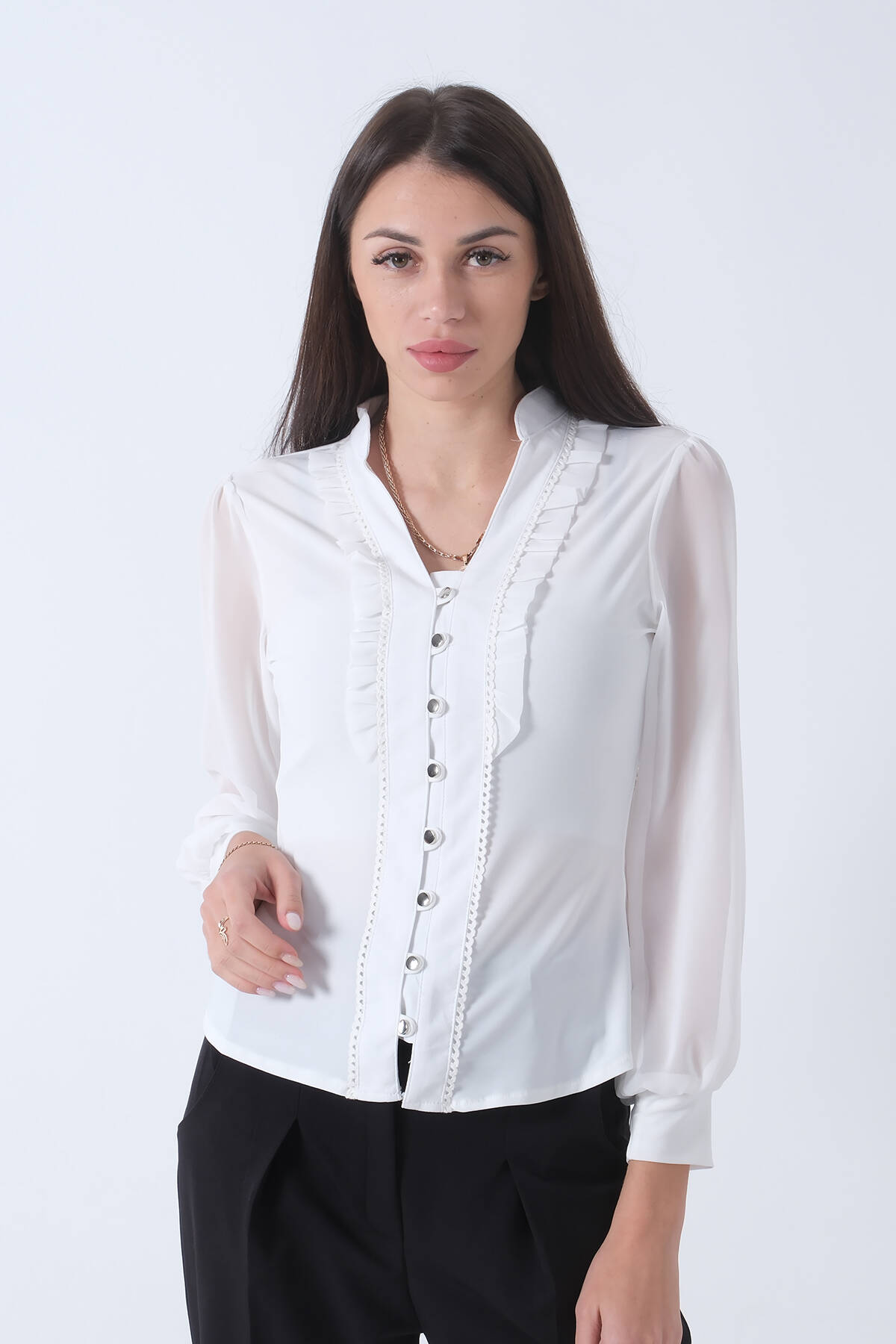 Ekru Fırfır Aksesuarlı Düğmeli Gömlek 4202760.147 