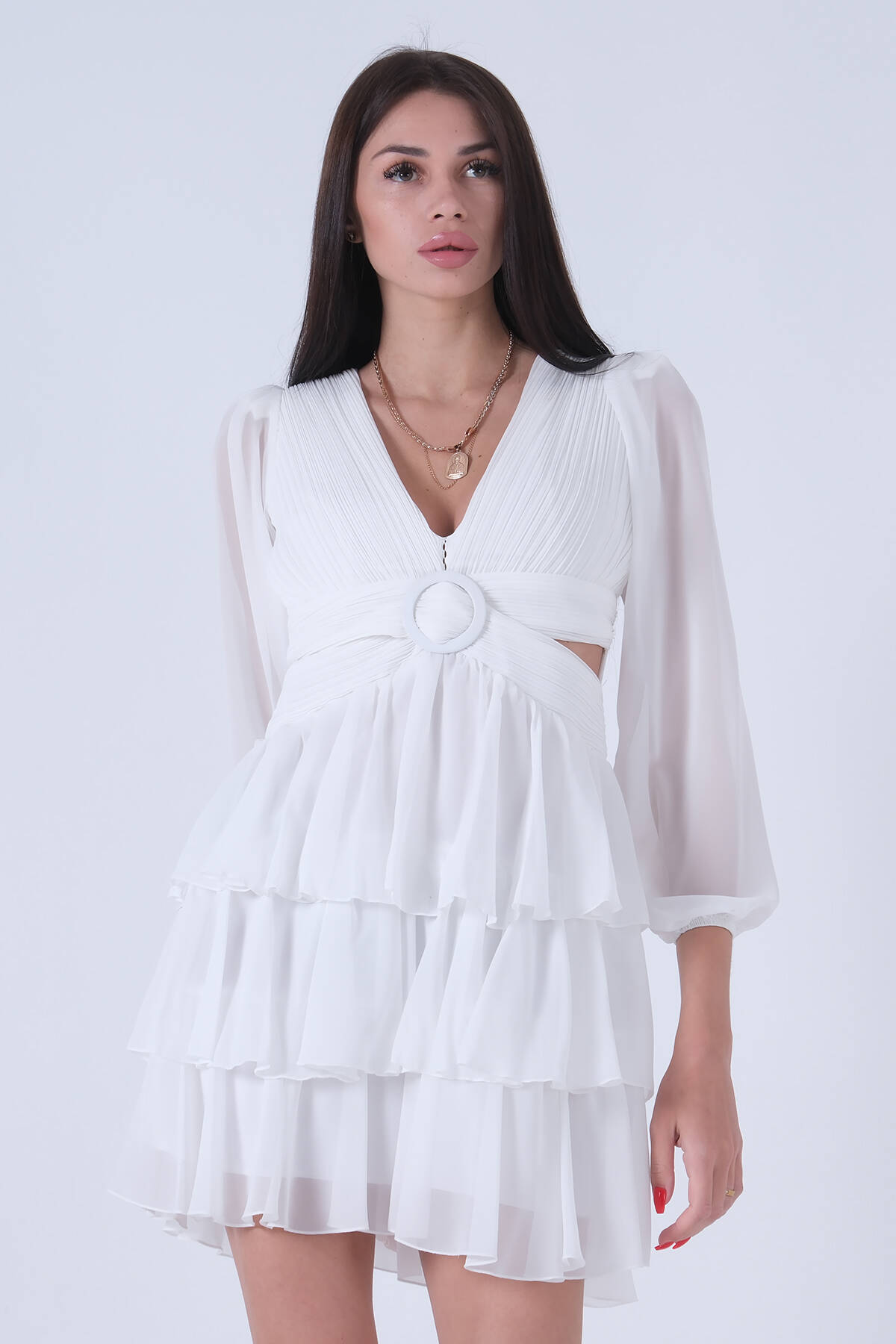 Ekru Fırfırlı Dekolteli Mini Şifon Abiye Elbise 9705278.147