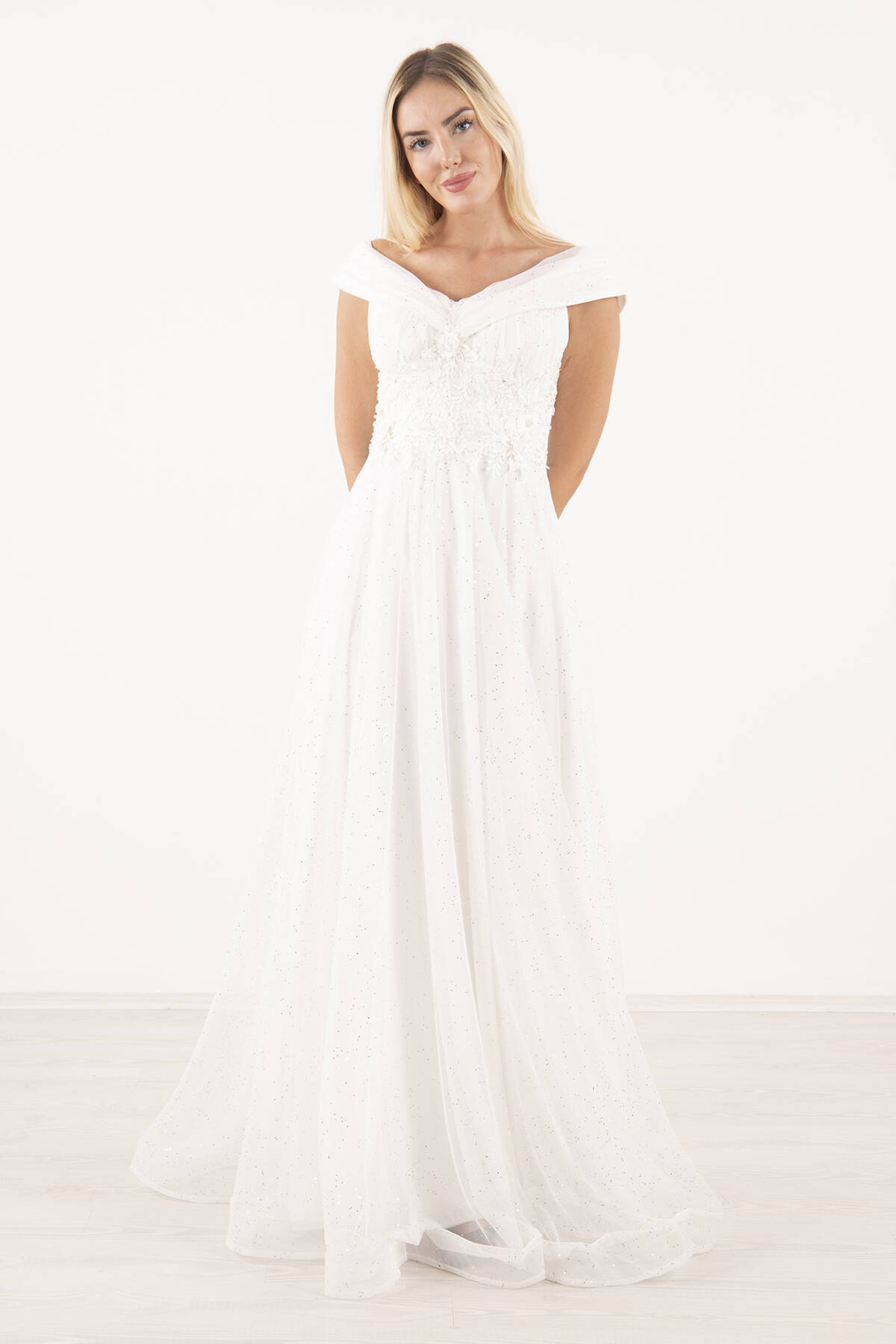 Ekru Kayık Yaka İşlemeli Abiye&Mezuniyet Elbisesi 1301641.147 