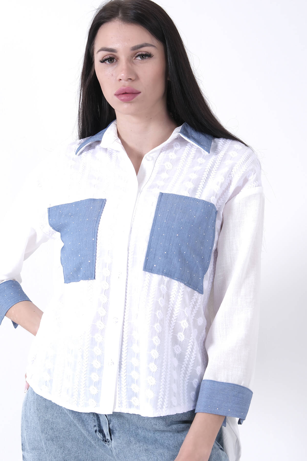 Ekru Kot Garnili Taşlı Gömlek 41650066.147 - Ardanewline