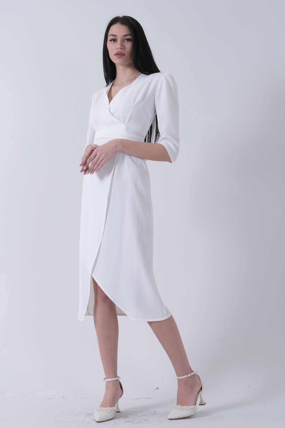 Ekru Kruvaze Yaka Midi Boy Krep Elbise 0104010.147 