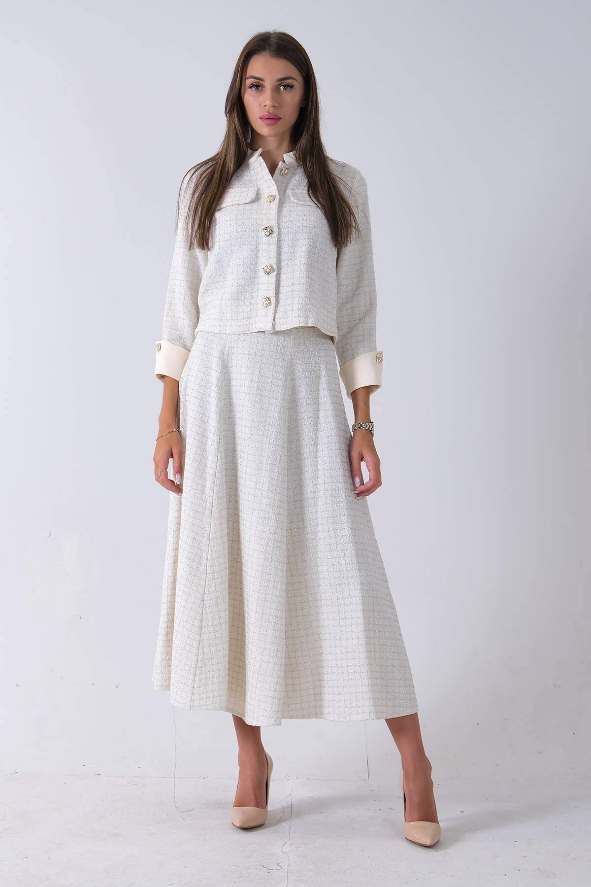 Ekru Önü Düğme Kapamalı Crop Ceket Etekli Tüvid Takım 45950601.147 Ekru