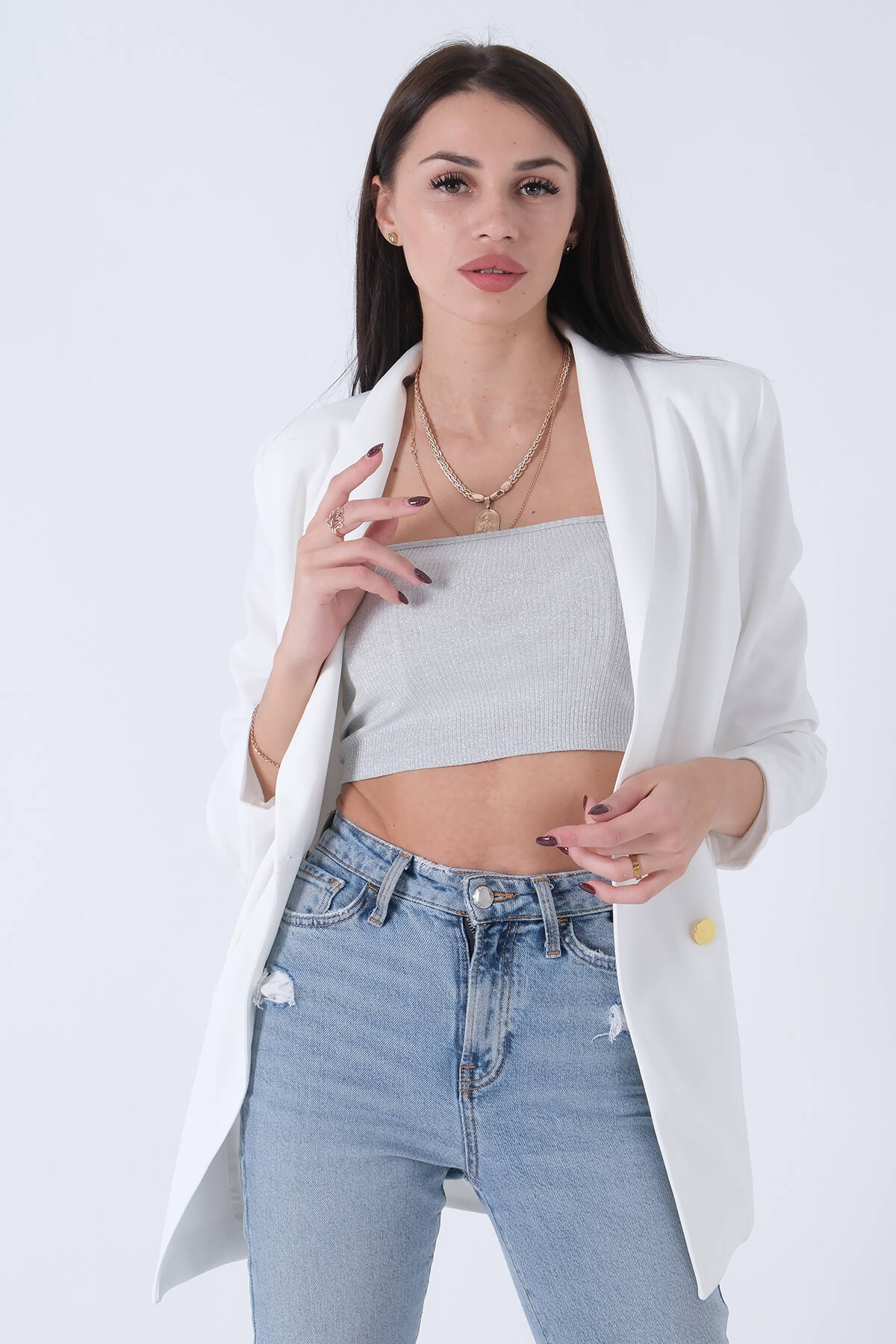 Ekru Şal Yaka Gold Metal Düğmeli Tek Ceket 0105137.147 