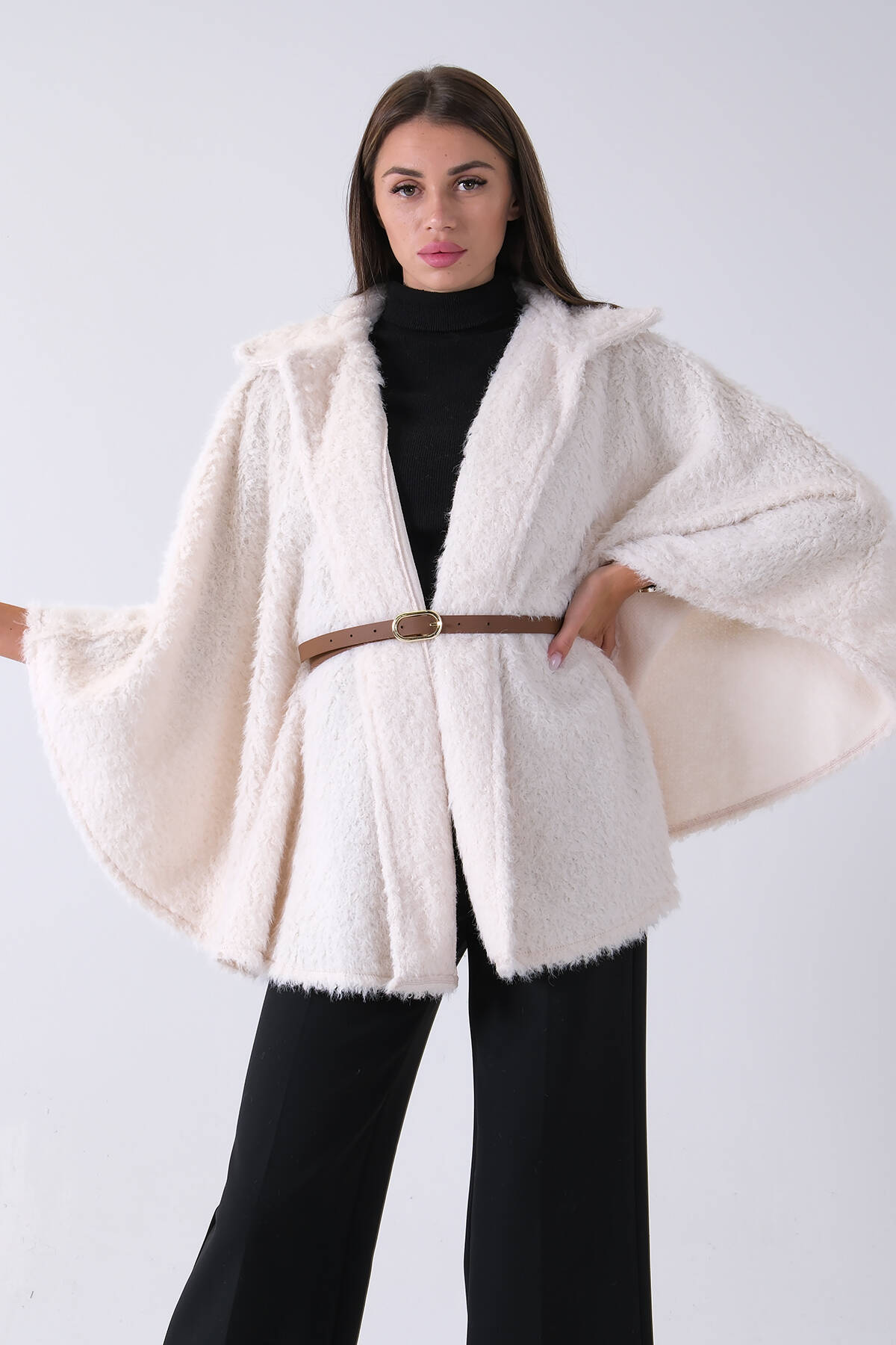 Ekru Tek Düğme Kapamalı Kemerli Yün Peluş Ceket 940140183.147 Ekru