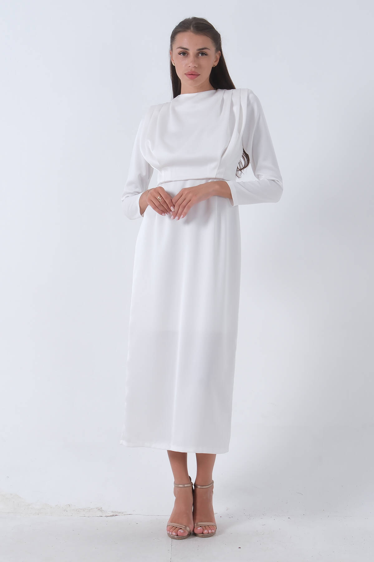 Ekru Üzeri Pilise Detaylı Saten Tesettür Abiye Elbise 6502300.147 