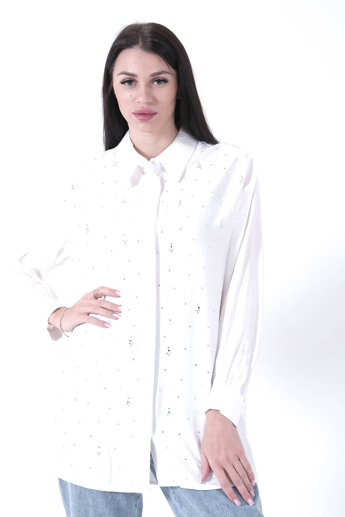 Ekru Üzeri Taş Detaylı Gizli Düğmeli Tunik 44510646.147 - Ardanewline