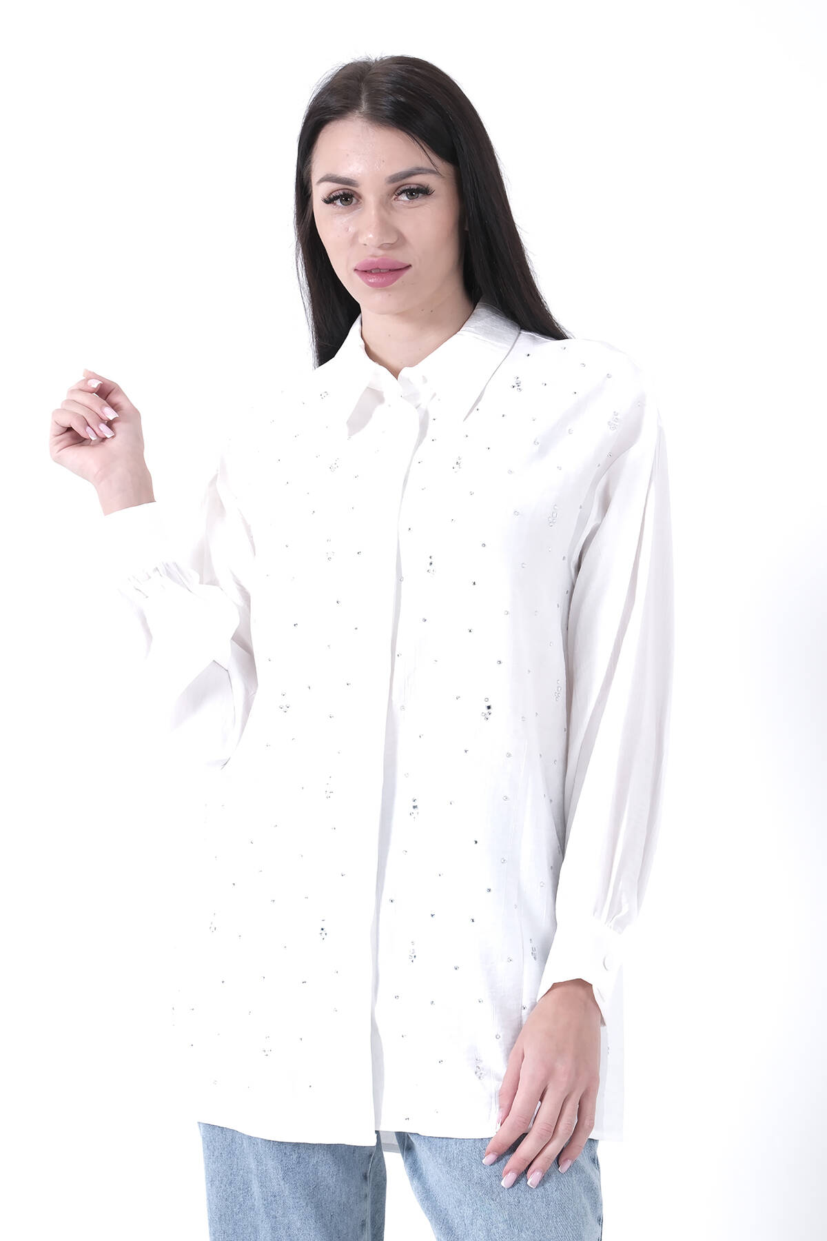 Ekru Üzeri Taş Detaylı Gizli Düğmeli Tunik 44510646.147 - Ardanewline (1)