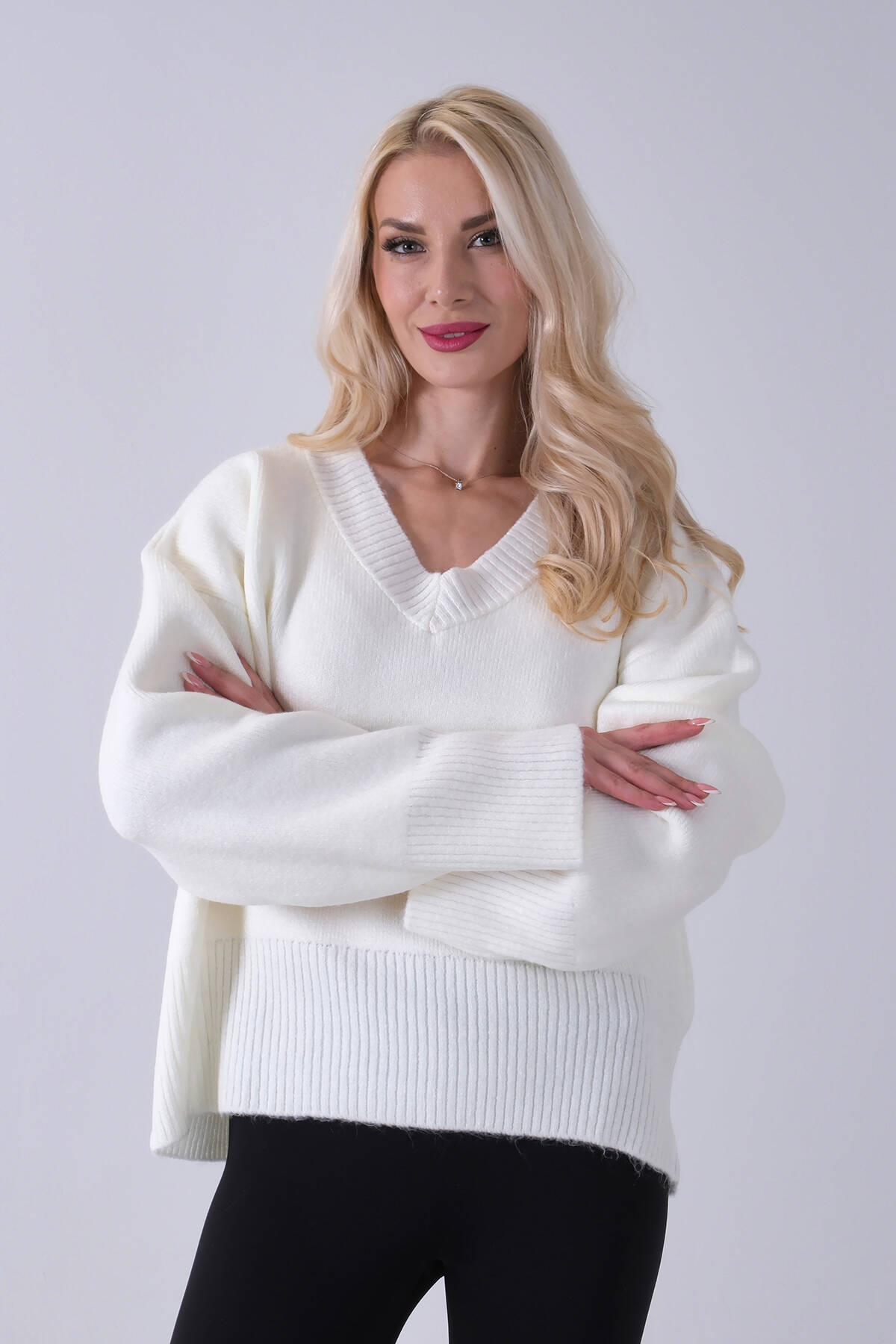 Ekru V Yaka Beli Lastikli Triko Kazak 46892623.147 - Ardanewline (1)