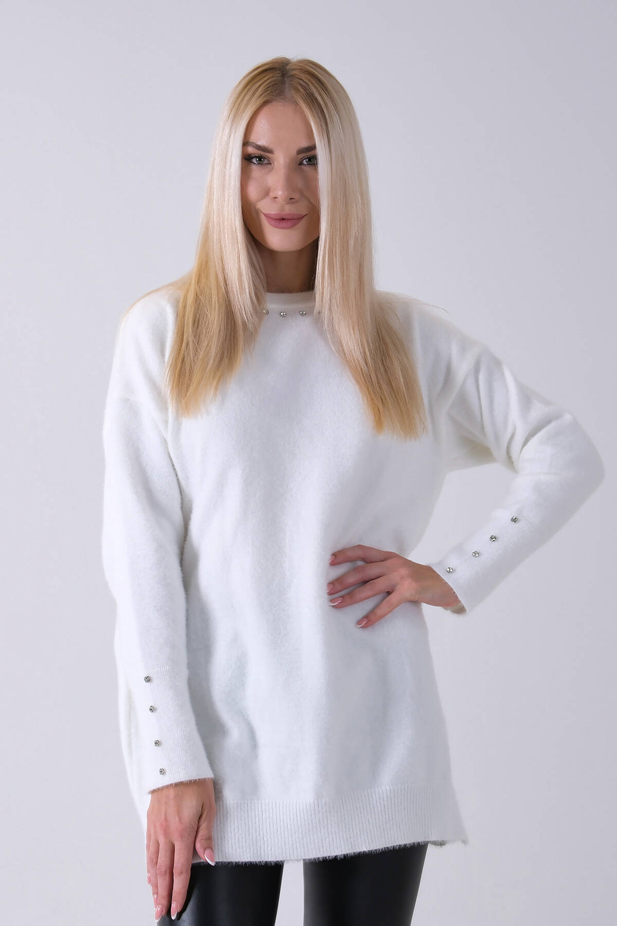 Ekru Yaka ve Kolları Taş Detaylı Bisiklet Yaka Kazak 44530206.147 - Ardanewline