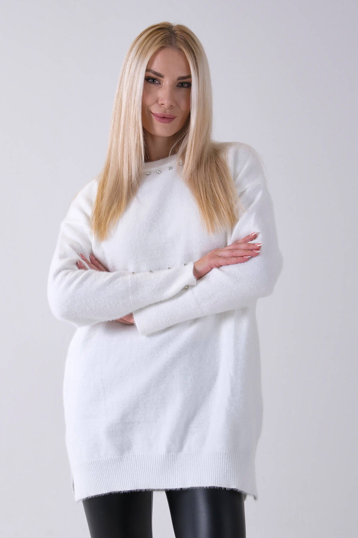 Ekru Yaka ve Kolları Taş Detaylı Bisiklet Yaka Kazak 44530206.147 - Ardanewline (1)