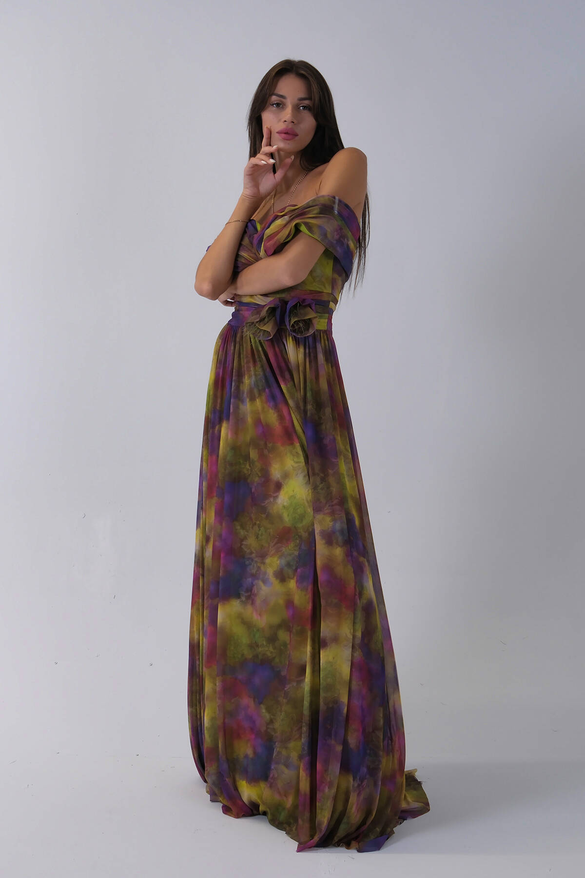 Fıstık Beli Çiçek Detaylı Desenli Şifon Abiye 0801102.22 Fıstık