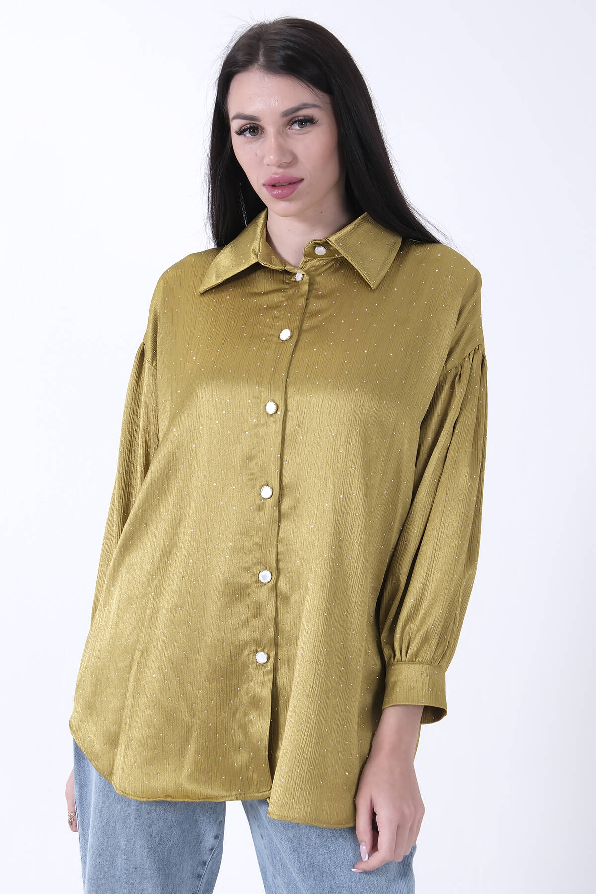 Fıstık Işıltı Nokta Desenli Bağlamalı Şık Gömlek 4595308.22 - Ardanewline