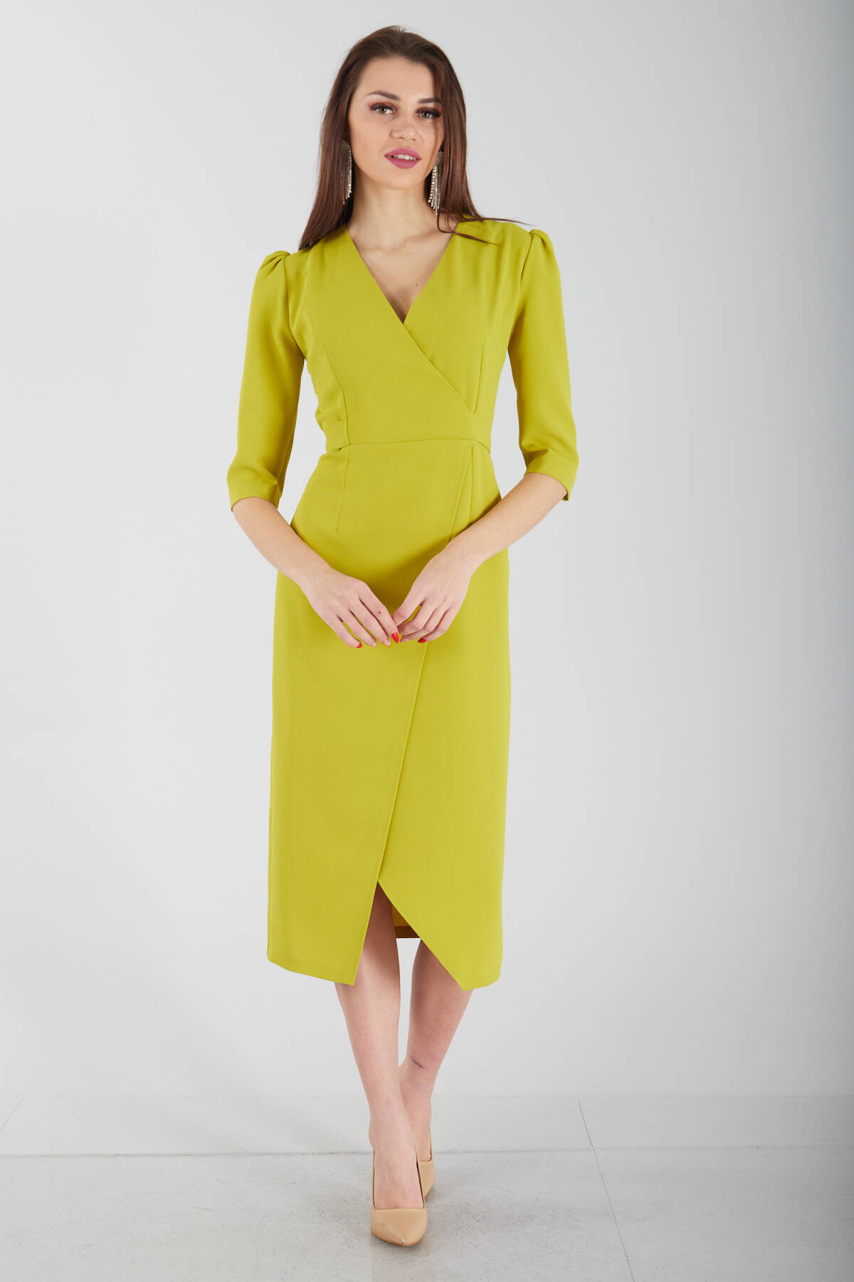 Fıstık Kruvaze Yaka Midi Boy Krep Elbise 0104010.22 