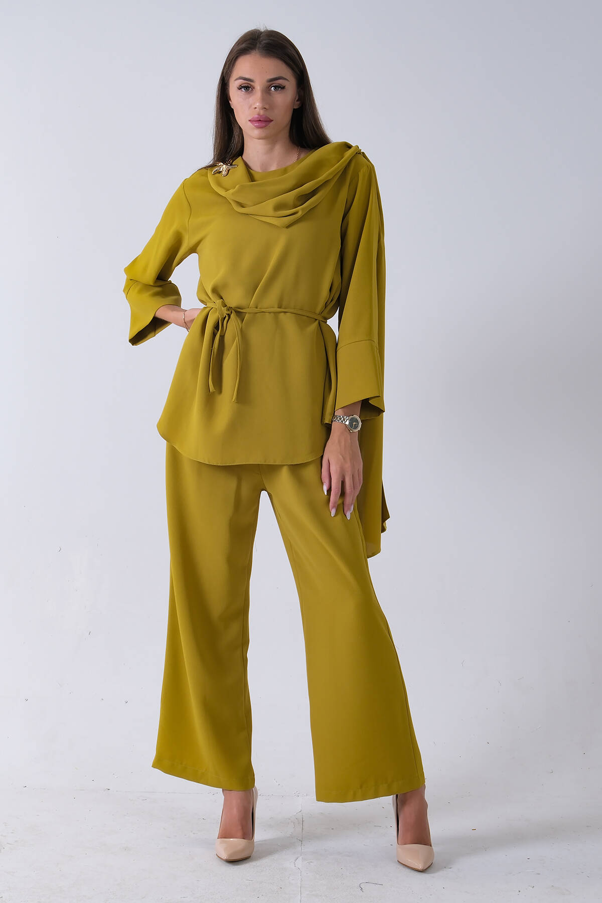 Fıstık Şal Yaka Üzeri Broş Detaylı Pantolonlu Takım 4592270.22 Fıstık