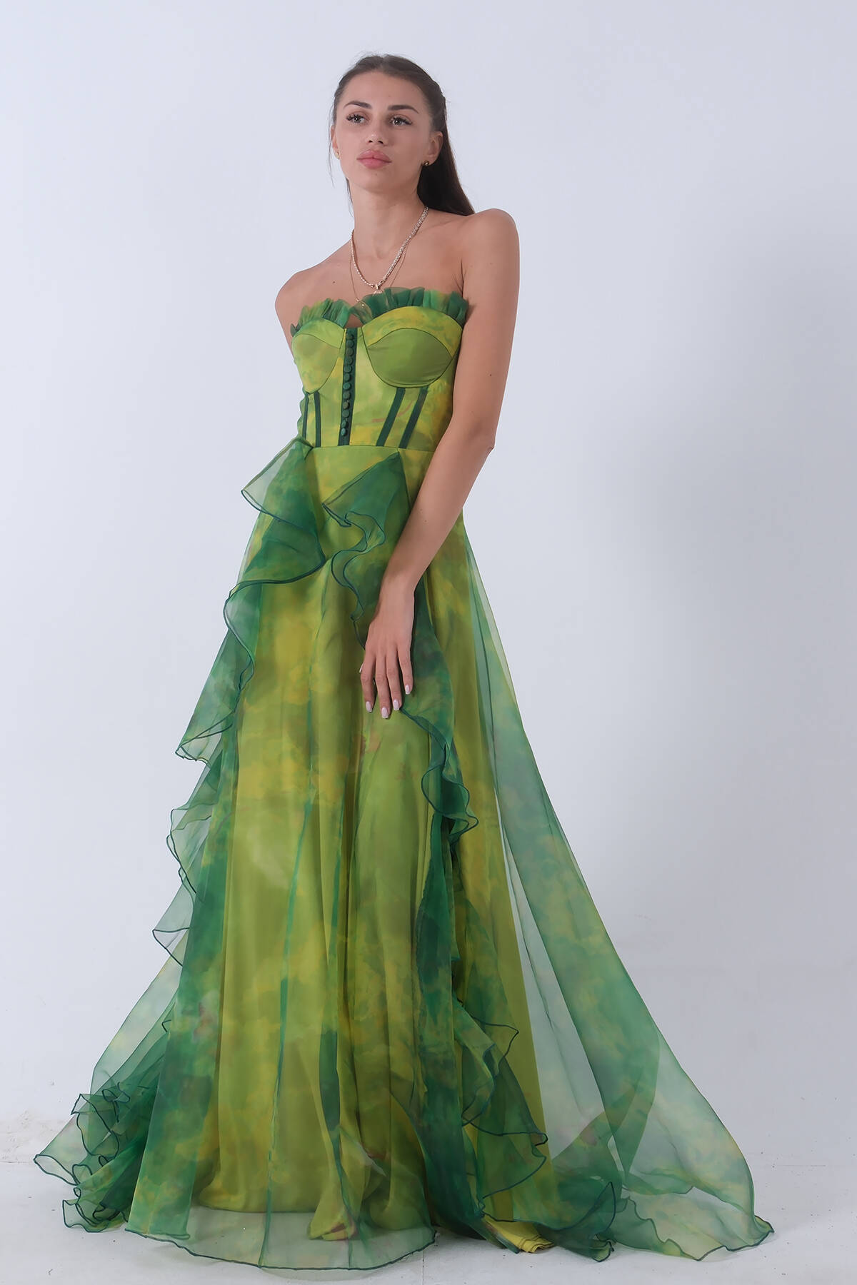 Fıstık Straplez Yaka Yırtmaçlı Eteği Fırfırlı Abiye 9705163.22 