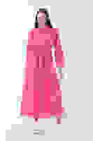 Fuşya Beli Lastikli Gömlek Yaka Kuşaklı Tesettür Elbise 4593296.12 