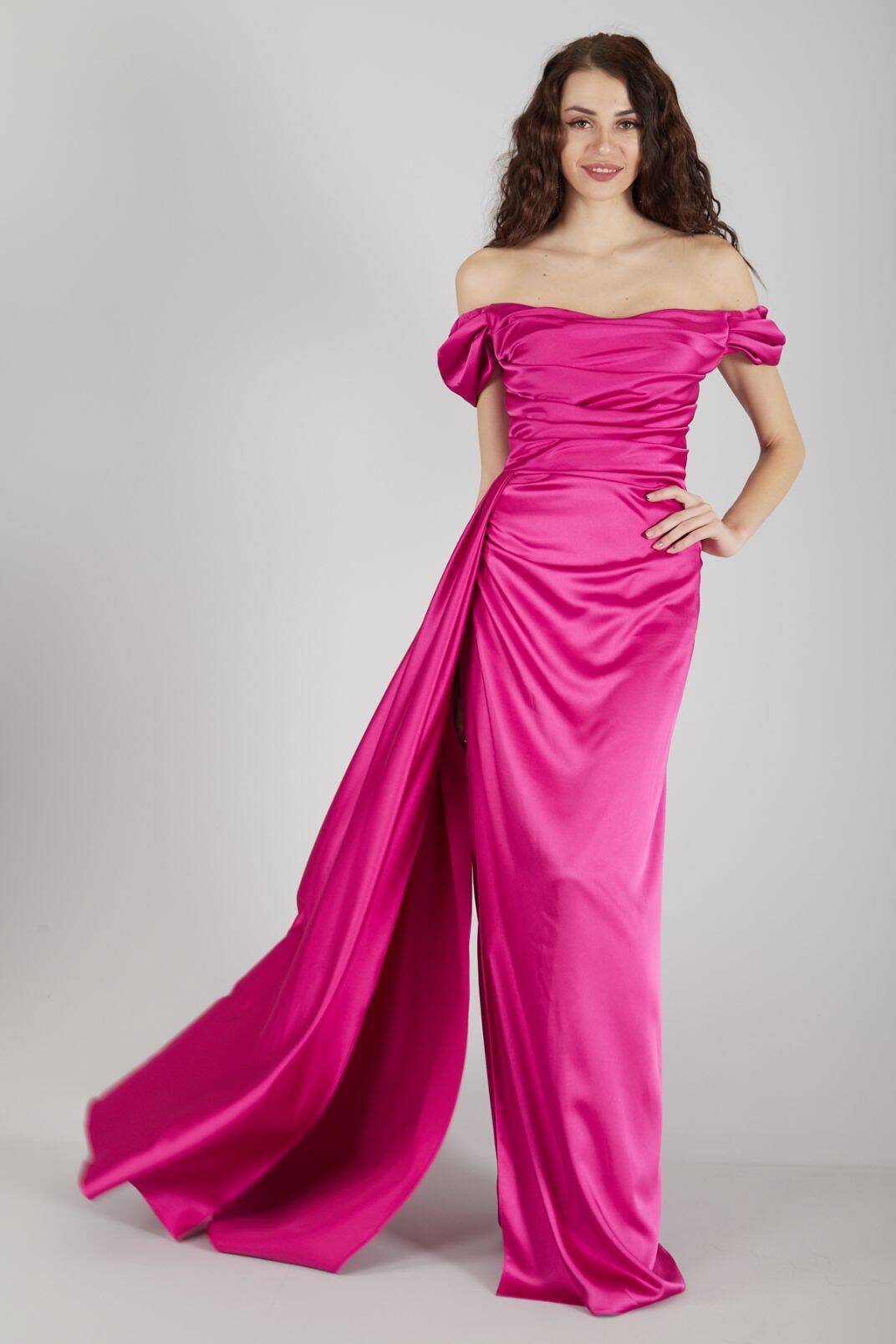 Fuşya Drape Detaylı Saten Kumaş Abiye Elbise 9704858.12 