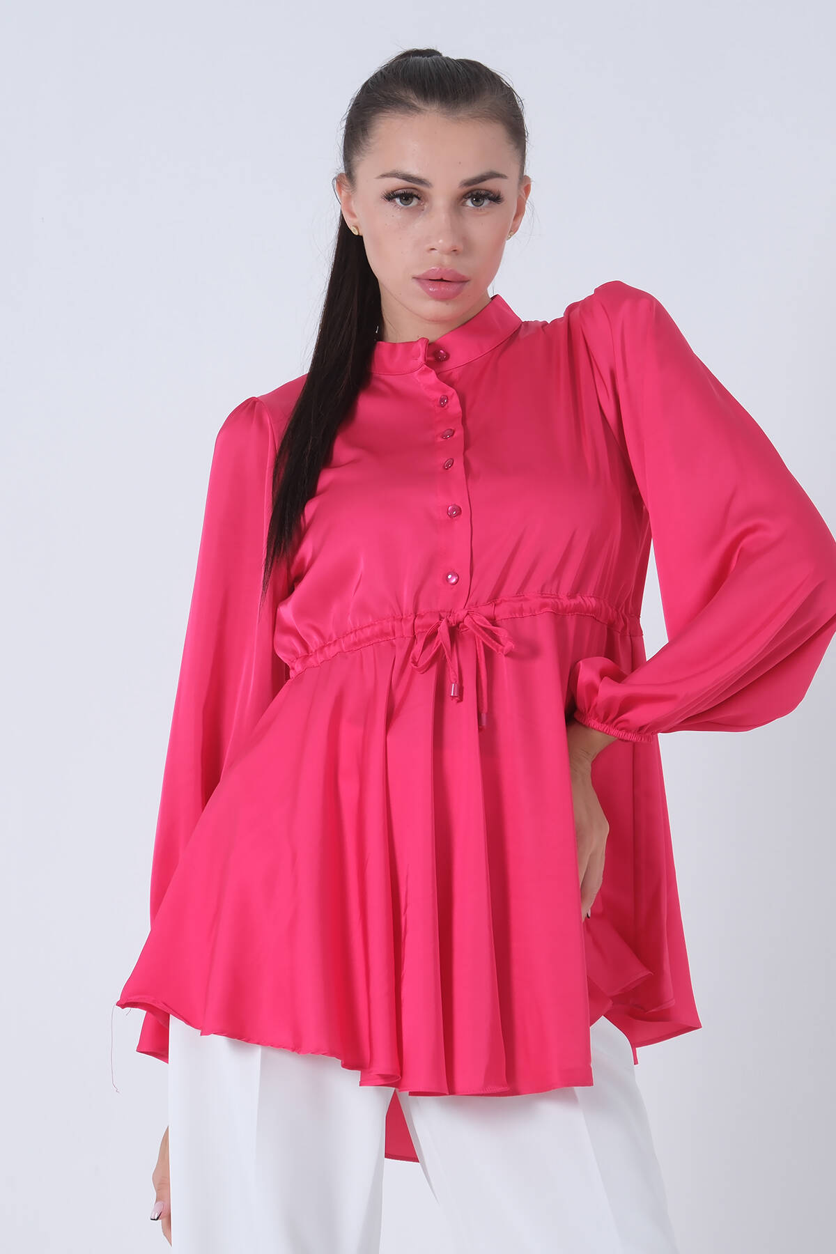 Fuşya Kolu Lastikli Belden Bağlamalı Saten Tunik 44510418.12 
