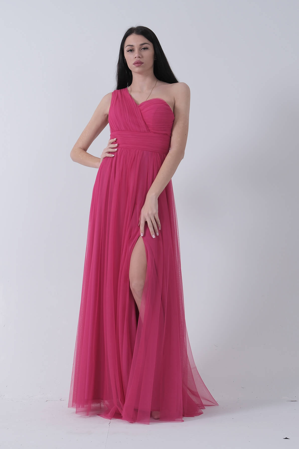 Fuşya Tek Omuz Yırtmaçlı Abiye 9705155.12 