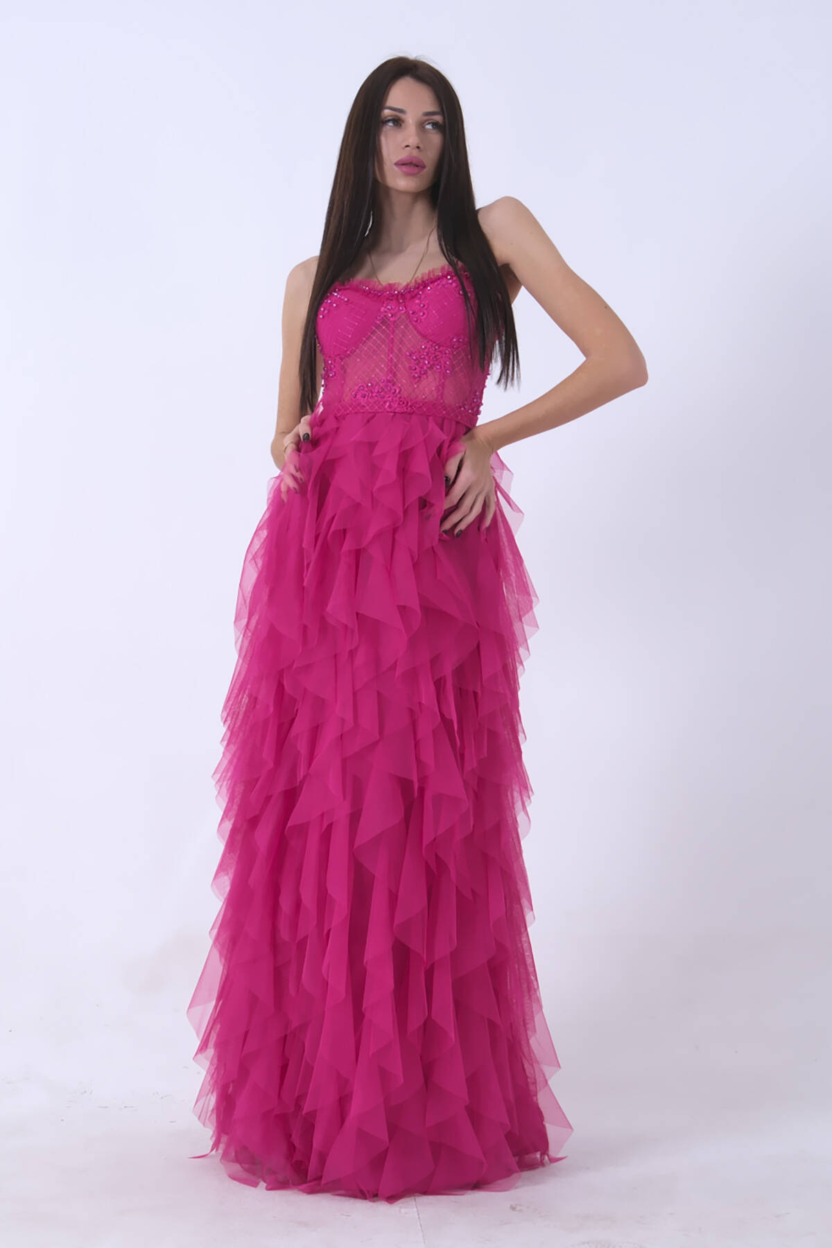 Fuşya Transparan Taşlı Eteği Fırfırlı Abiye 9705034.12 