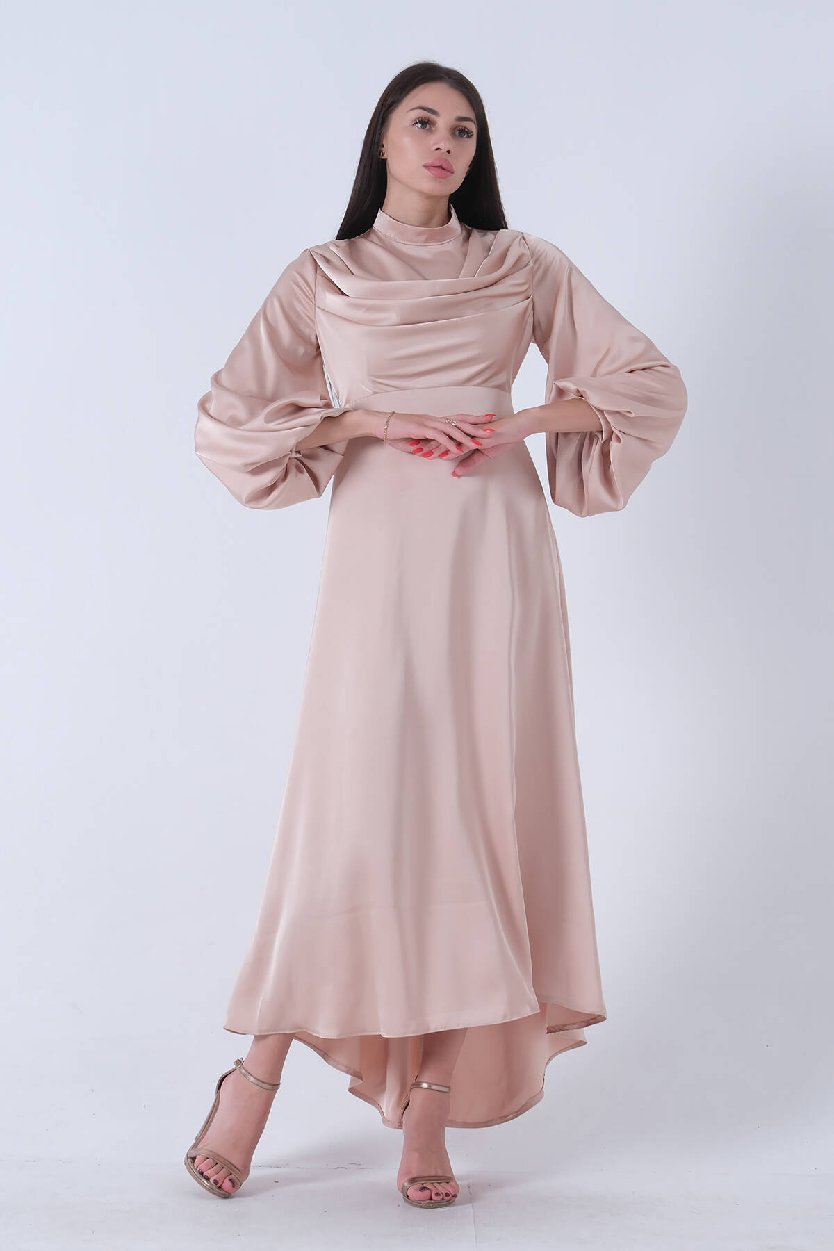 Gold Degaje Saten Balon Kol Tesettür Elbise 5305035.122 