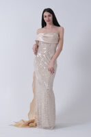 Gold Drape Yaka Detaylı Payet İşlemeli Uzun Kuşaklı Abiye 9705470.122 