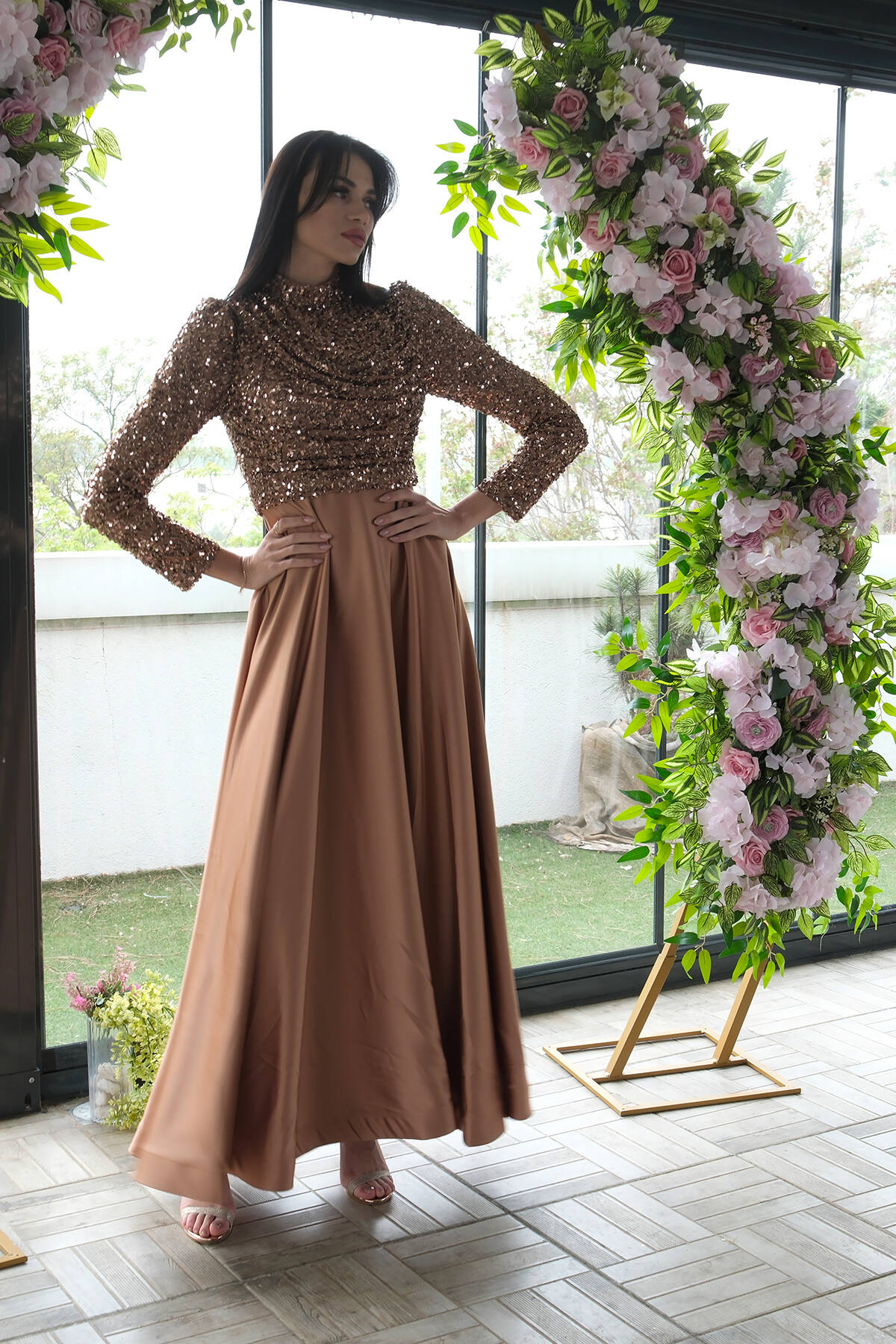 Gold Drapeli Payet Üst Detaylı Eteği Saten Tesettür Abiye 6502504.122 - Ardanewline (1)