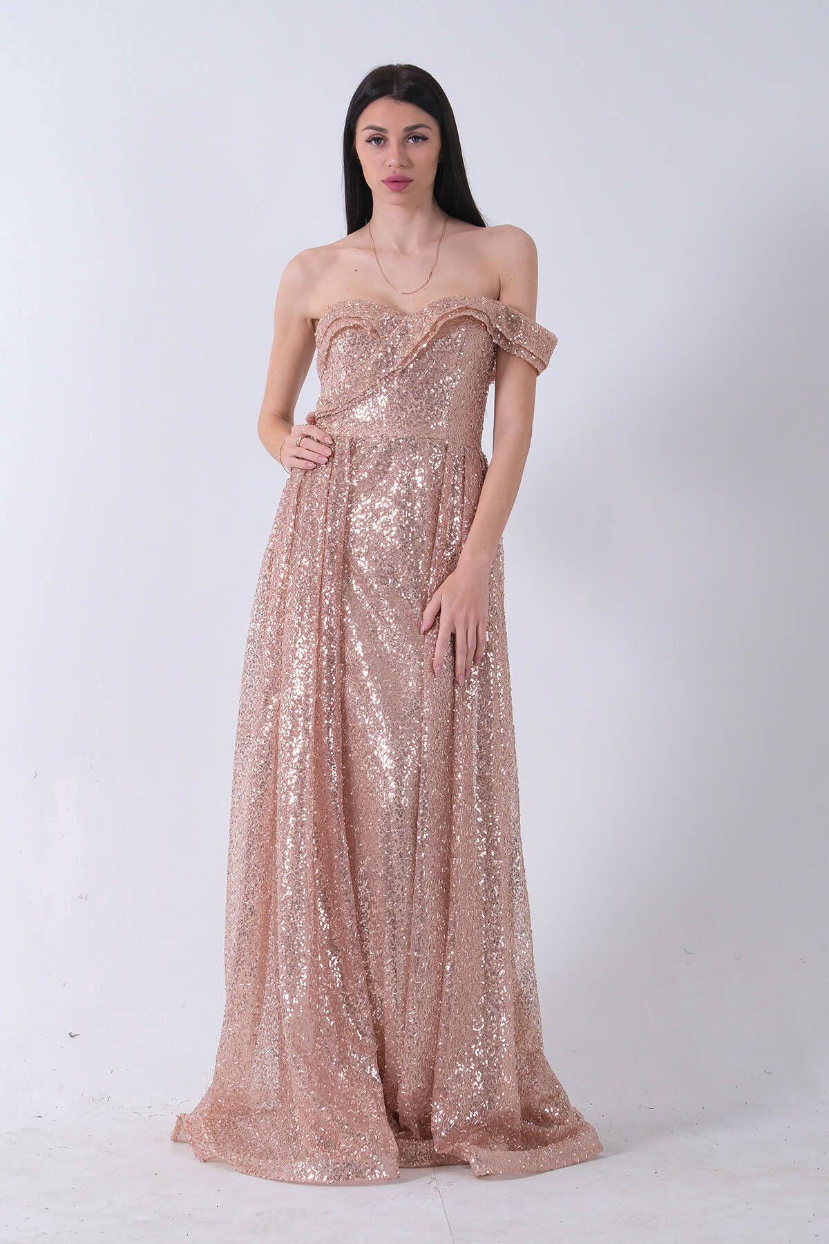 Gold Düşük Omuz Pul Payetli Abiye 9705499.122