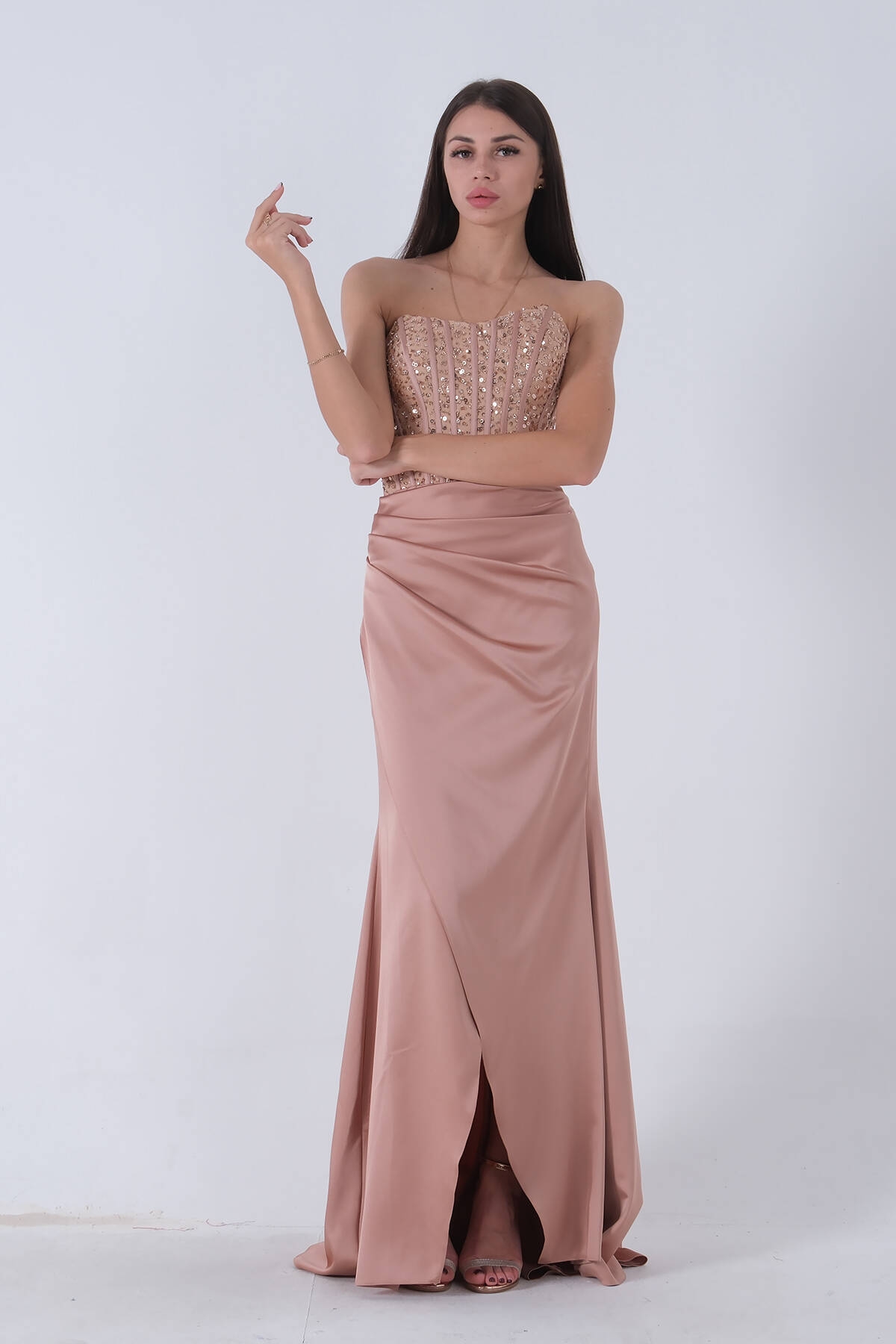 Gold Göğüs Pul ve Taşlı Saten Abiye 9705294.122 Gold