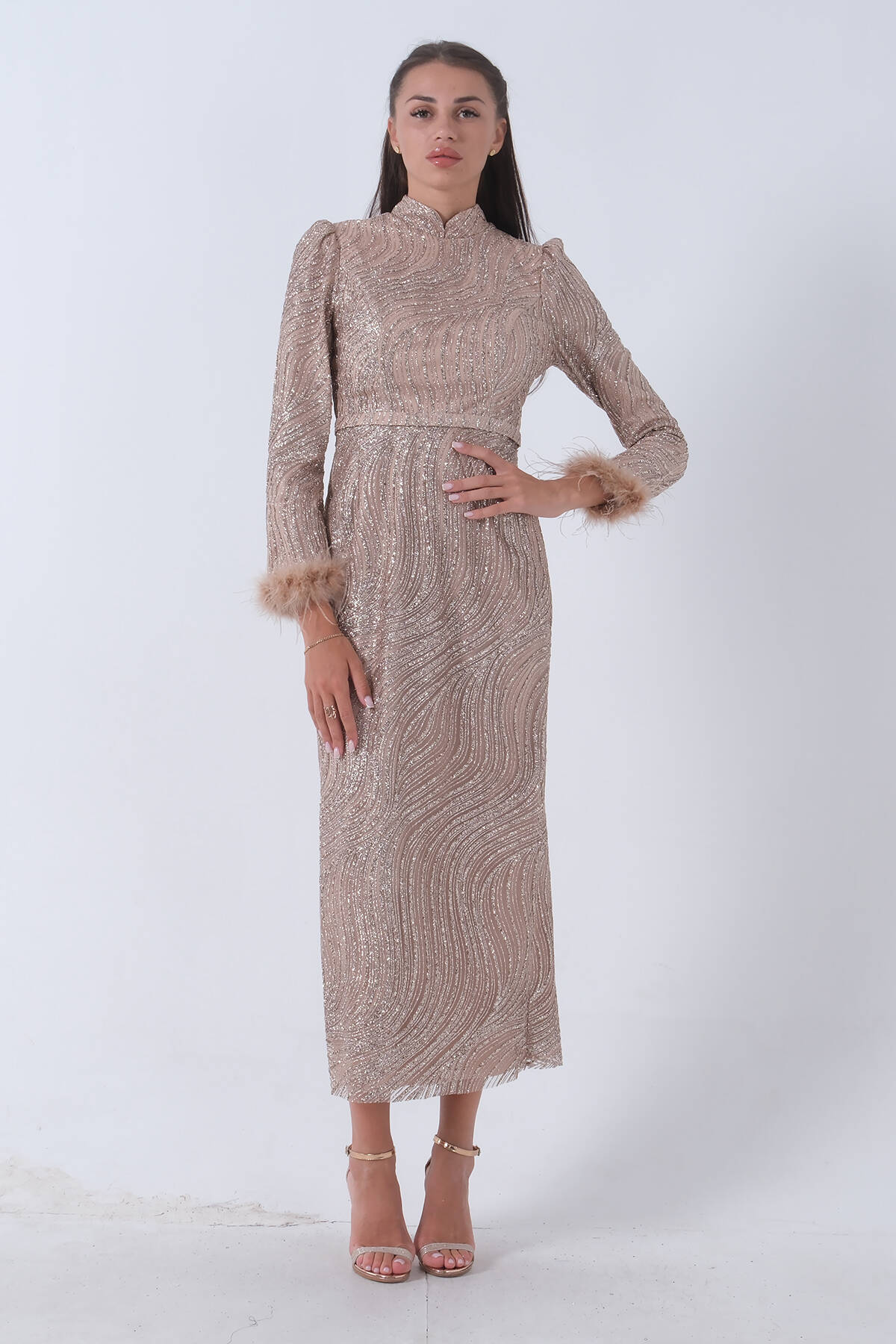 Gold Kol Ucu Tüylü Simli Abiye 6502438.122 