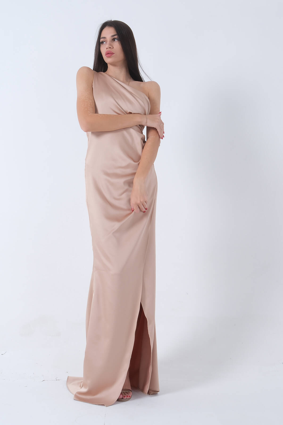 Gold Önü Yırtmaçlı Tek Omuz Şık Abiye 0801563.122 