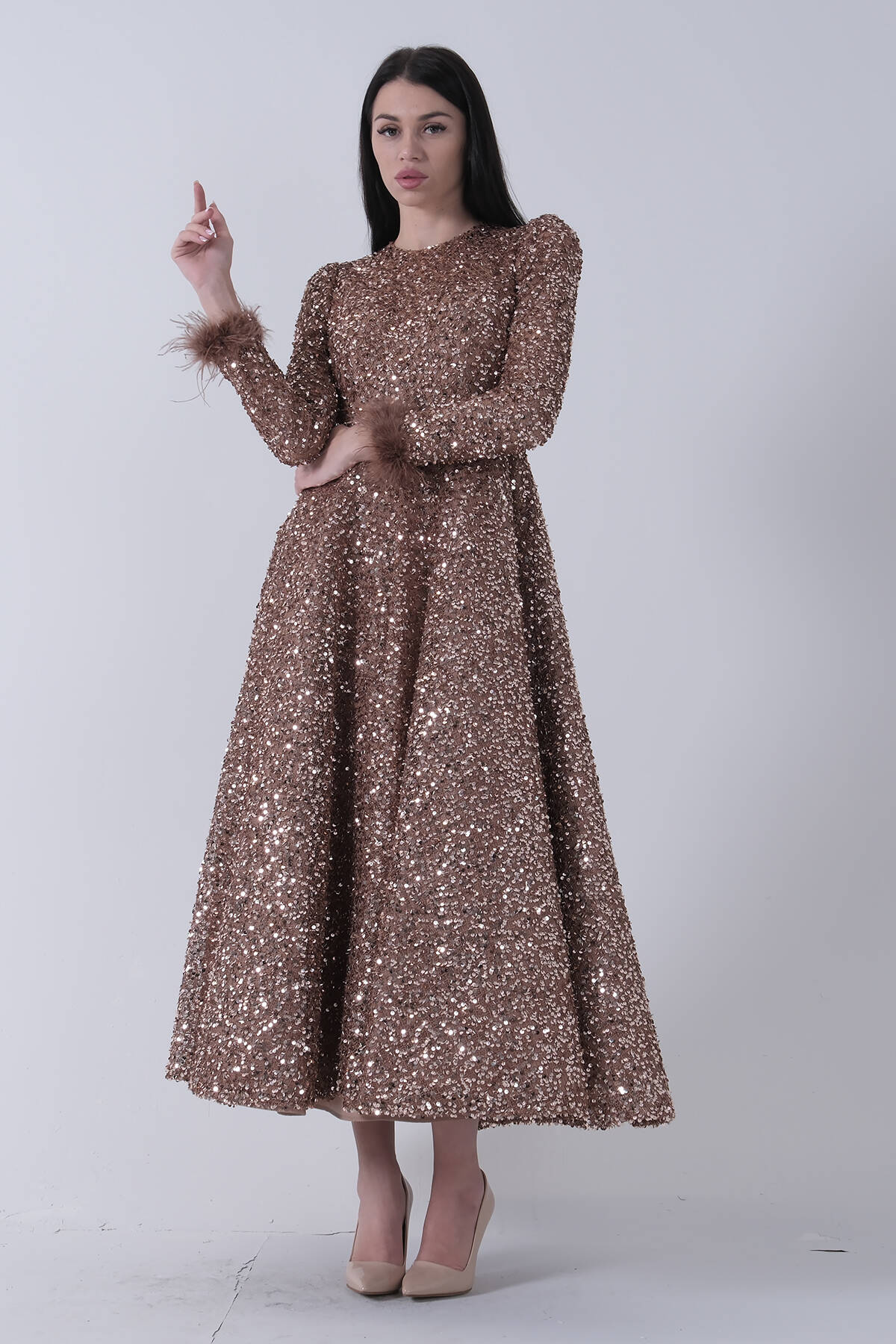 Gold Pul Payetli Kol Ucu Tüylü Tesettür Abiye 6502492.122 - Ardanewline