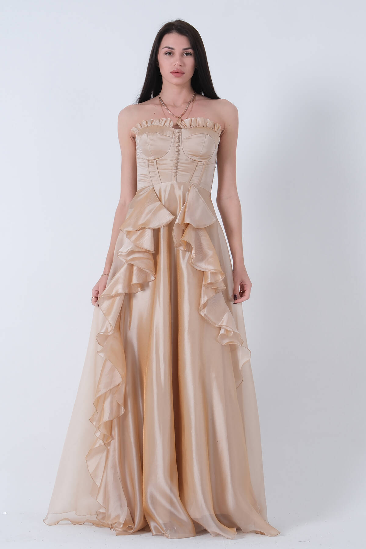 Gold Straplez Yaka Yırtmaçlı Eteği Fırfırlı Abiye 9705234.122 