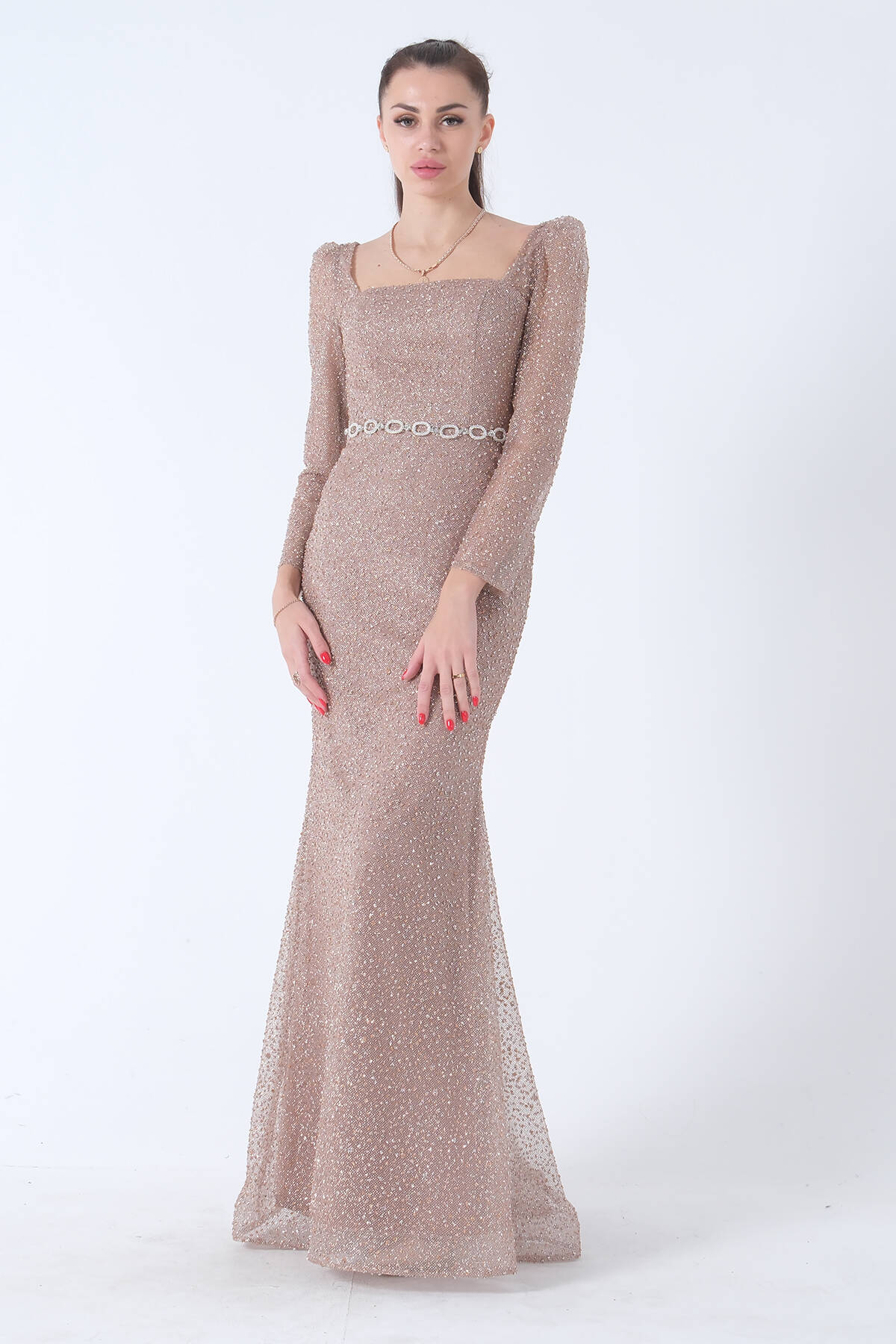 Gold Taş İşlemeli Balık Abiye Elbise 9705141.122 