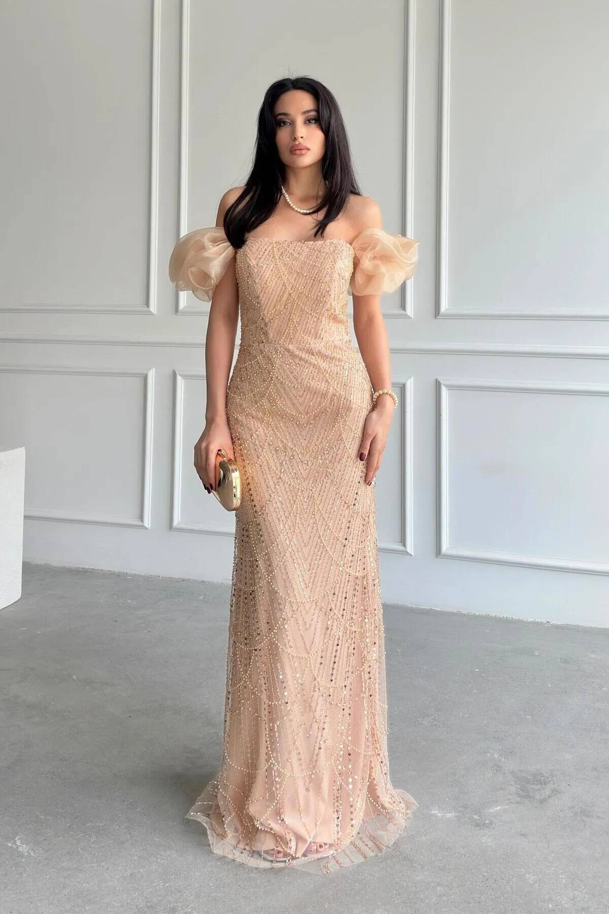 Gold Taş İşlemeli Balon Kol Abiye 0801053.122 Gold