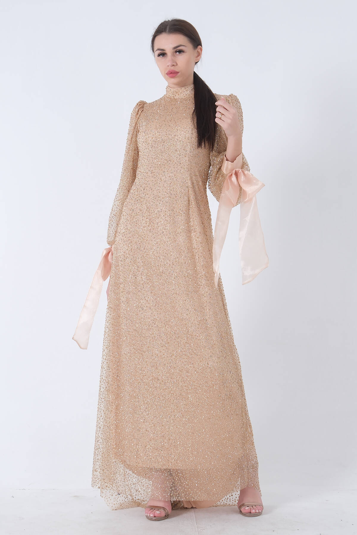 Gold Taş İşlemeli Hakim Yaka Fiyonklu Tesettür Abiye 6502462.122 