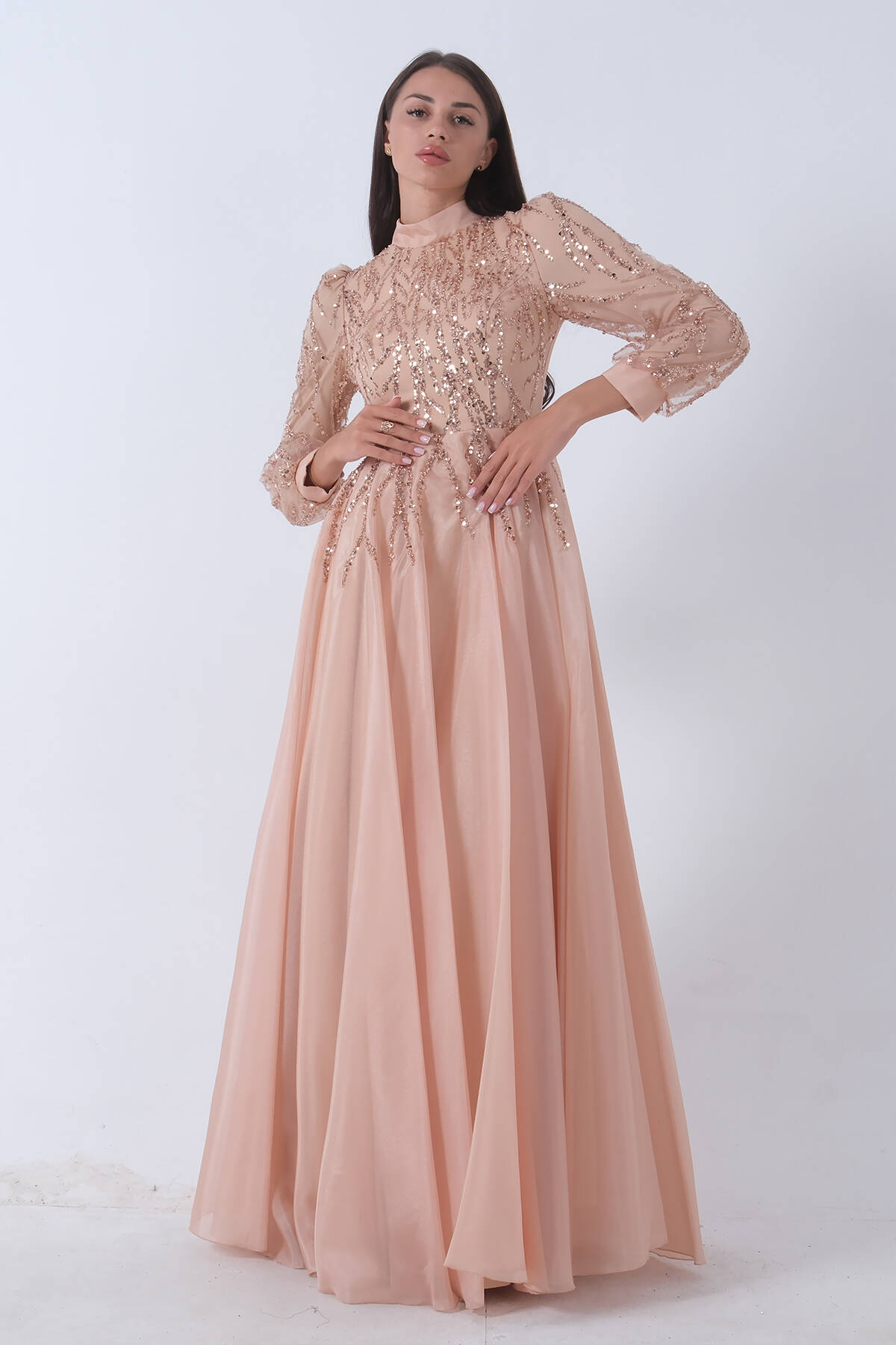 Gold Üzeri Pul Boncuk İşlemeli Tesettür Abiye 6502450.122 - Ardanewline