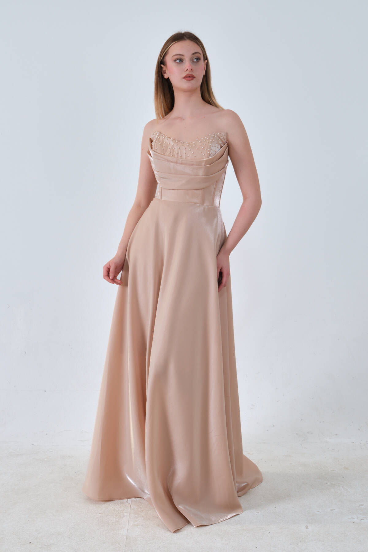 Gold Yaka Boncuk Detaylı Drapeli Abiye 0801087.122 - Ardanewline