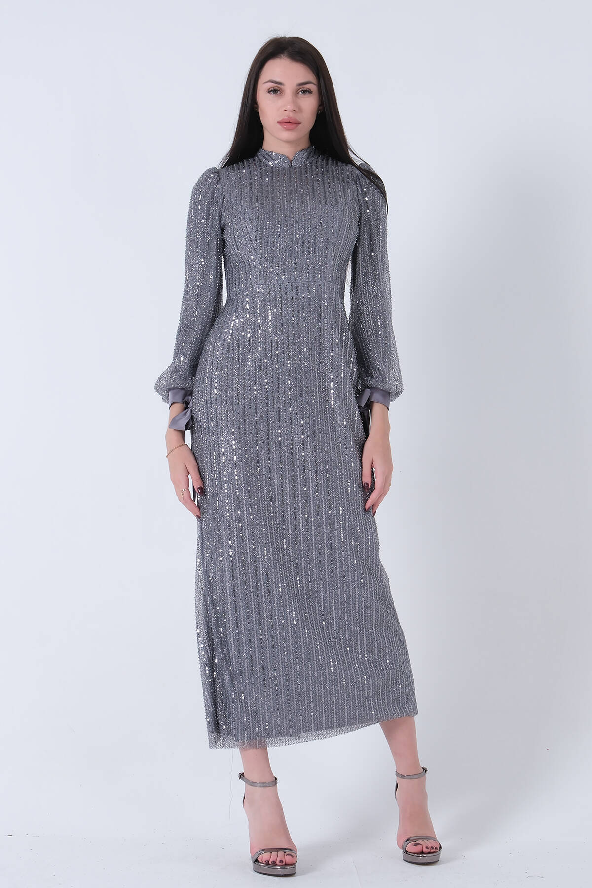 Gri Bilek Ucu Saten Kurdele Pullu Tesettür Abiye 6502471.06 - Ardanewline (1)