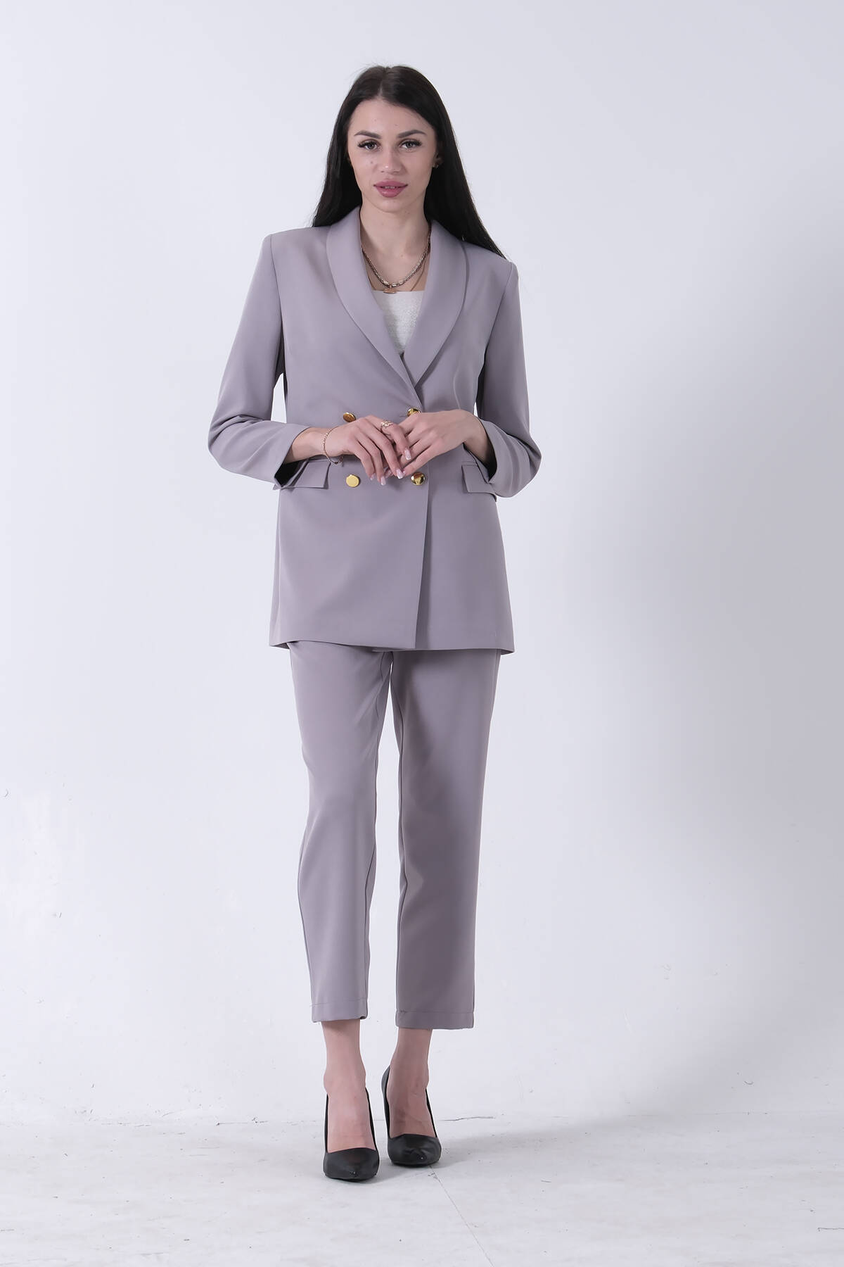 Gri Kadın Dört Düğmeli Kruvaze Blazer Ceket & Pantolon Takım 0106305.06 - ArdaNewline (1)