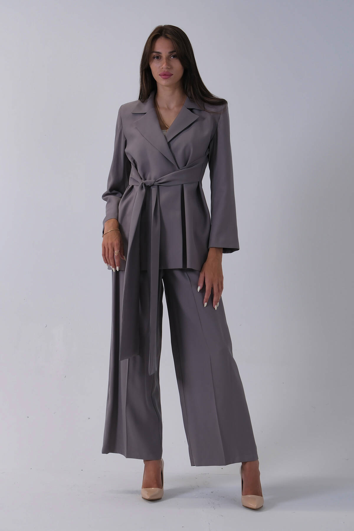 Gri Ceket Kuşak Bağlama Detaylı Pantolonlu Takım 0106327.06 Gri