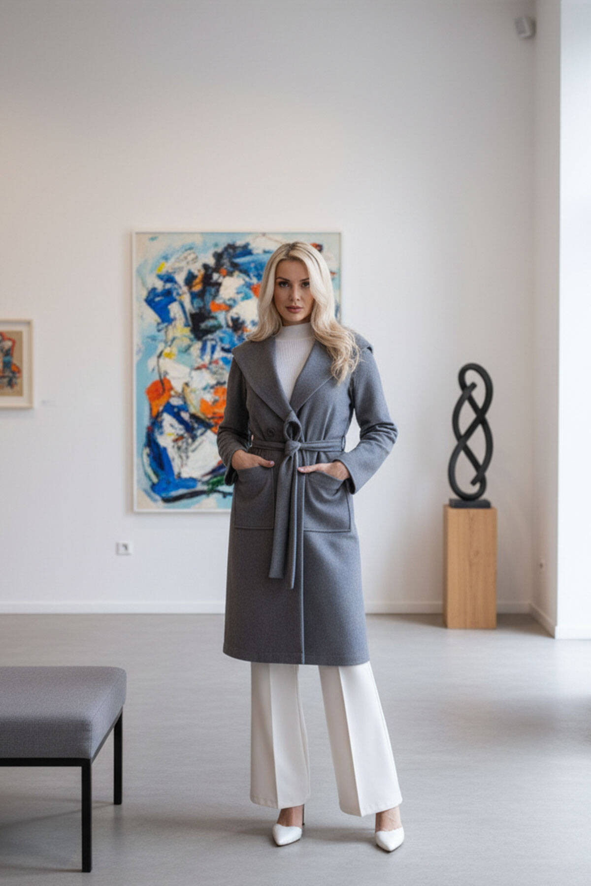 Gri Çift Cepli Kemer Bağlamalı Kapüşonlu Yün Kaban 0108089.06 - Ardanewline