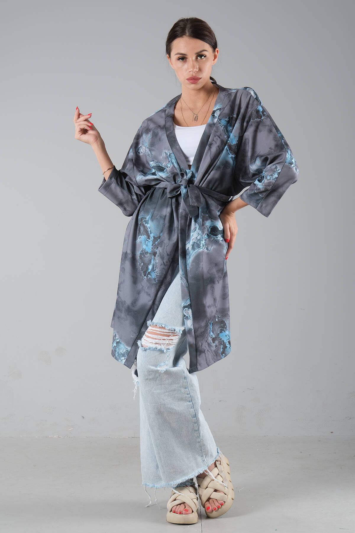 Gri Desenli Krep Kimono 0107129.06 - Ardanewline