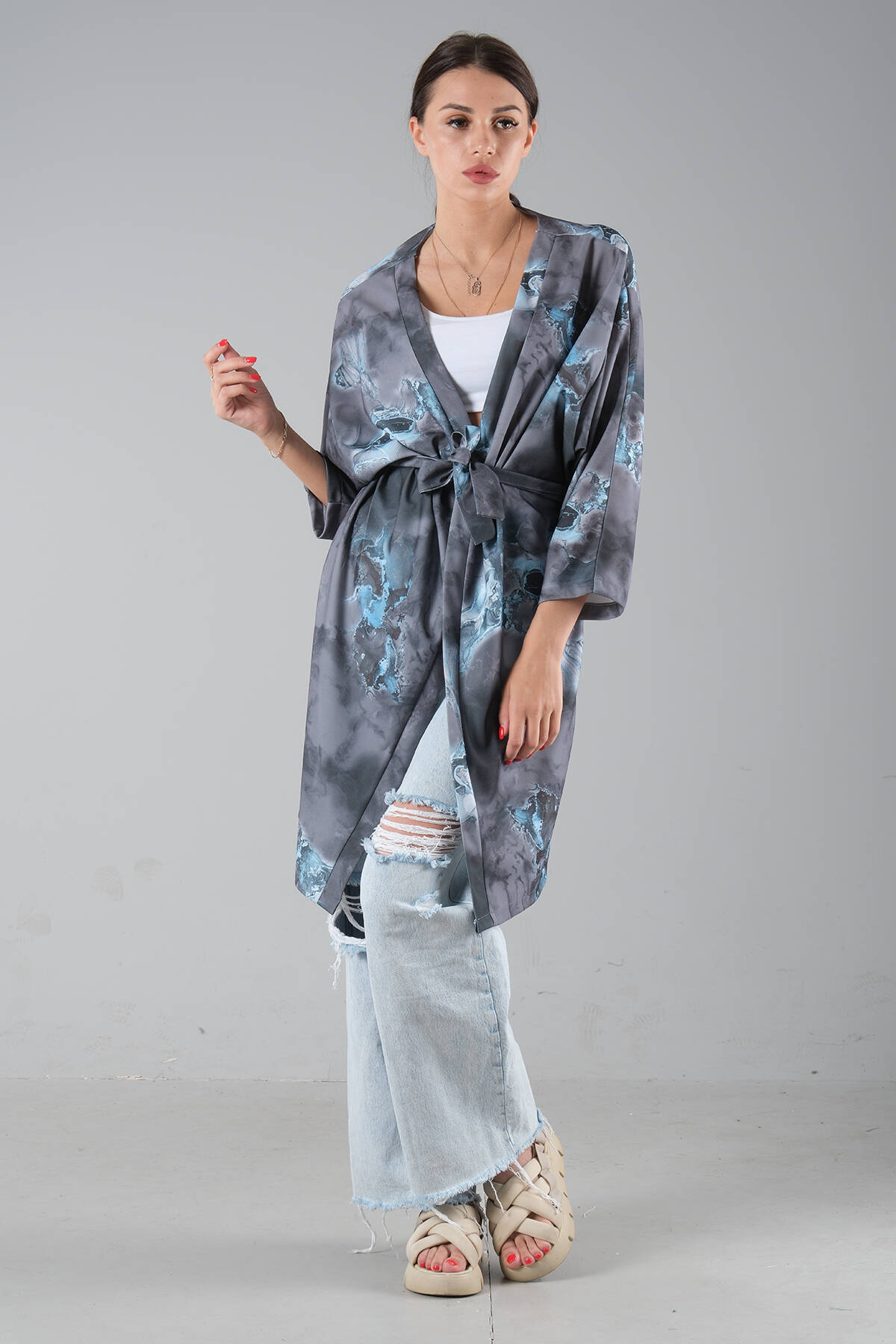 Gri Desenli Krep Kimono 0107129.06 - Ardanewline (1)