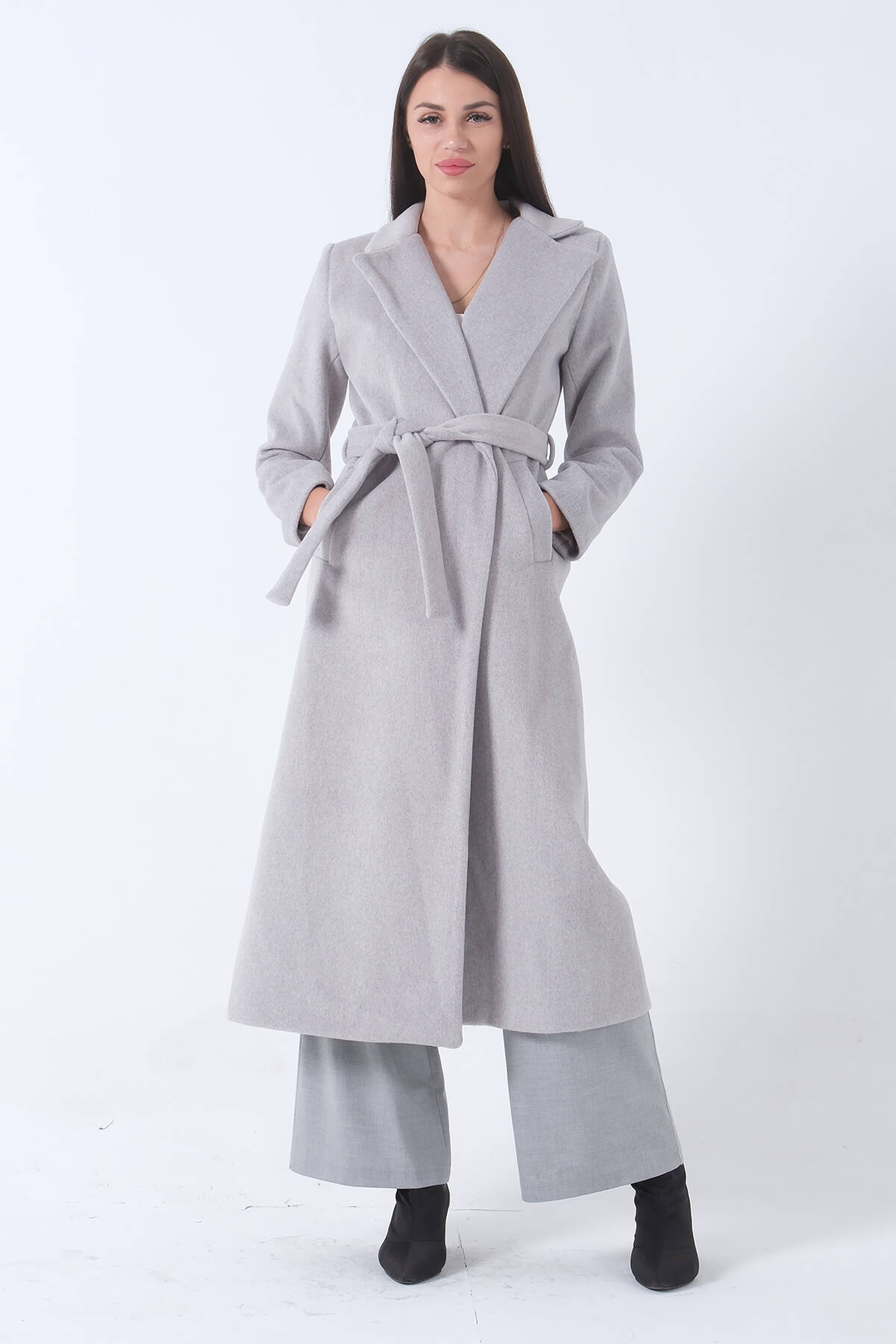 Gri Fleto Cepli Yırtmaçlı Astarlı Kaşe Kaban 31050661.06 - Ardanewline