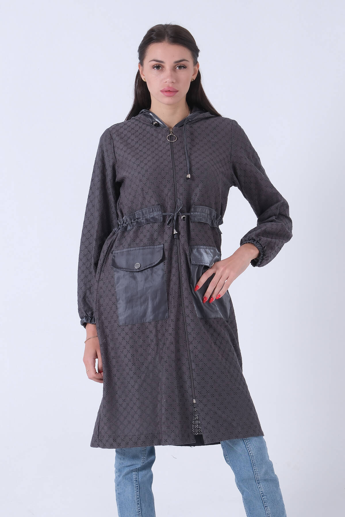 Gri Kanguru Cep Detaylı Bilek Lastikli Kapüşonlu Kap 0809026.06 - Ardanewline