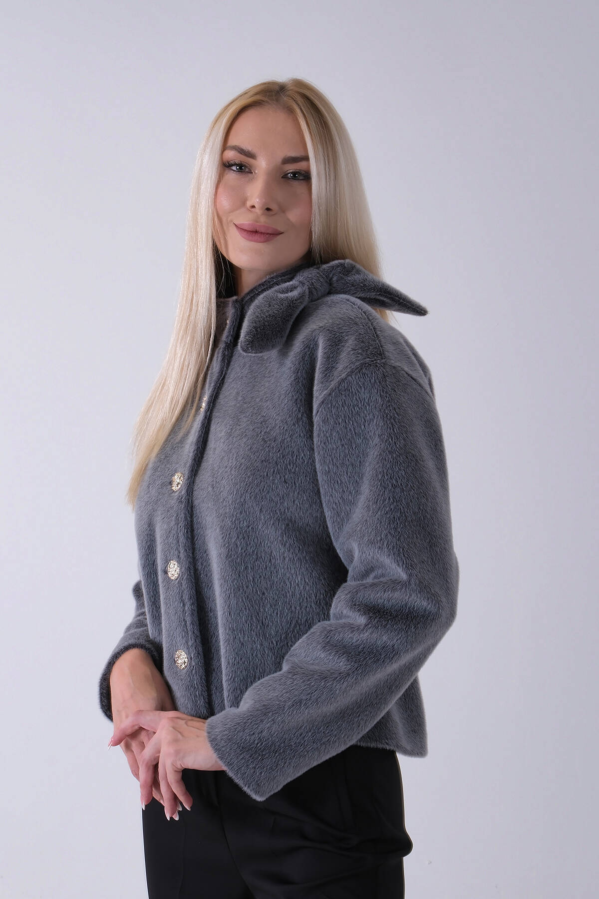 Gri Omuz Fiyonk Detaylı Düğme Kapamalı Kaşe Ceket 41630060.06 Gri