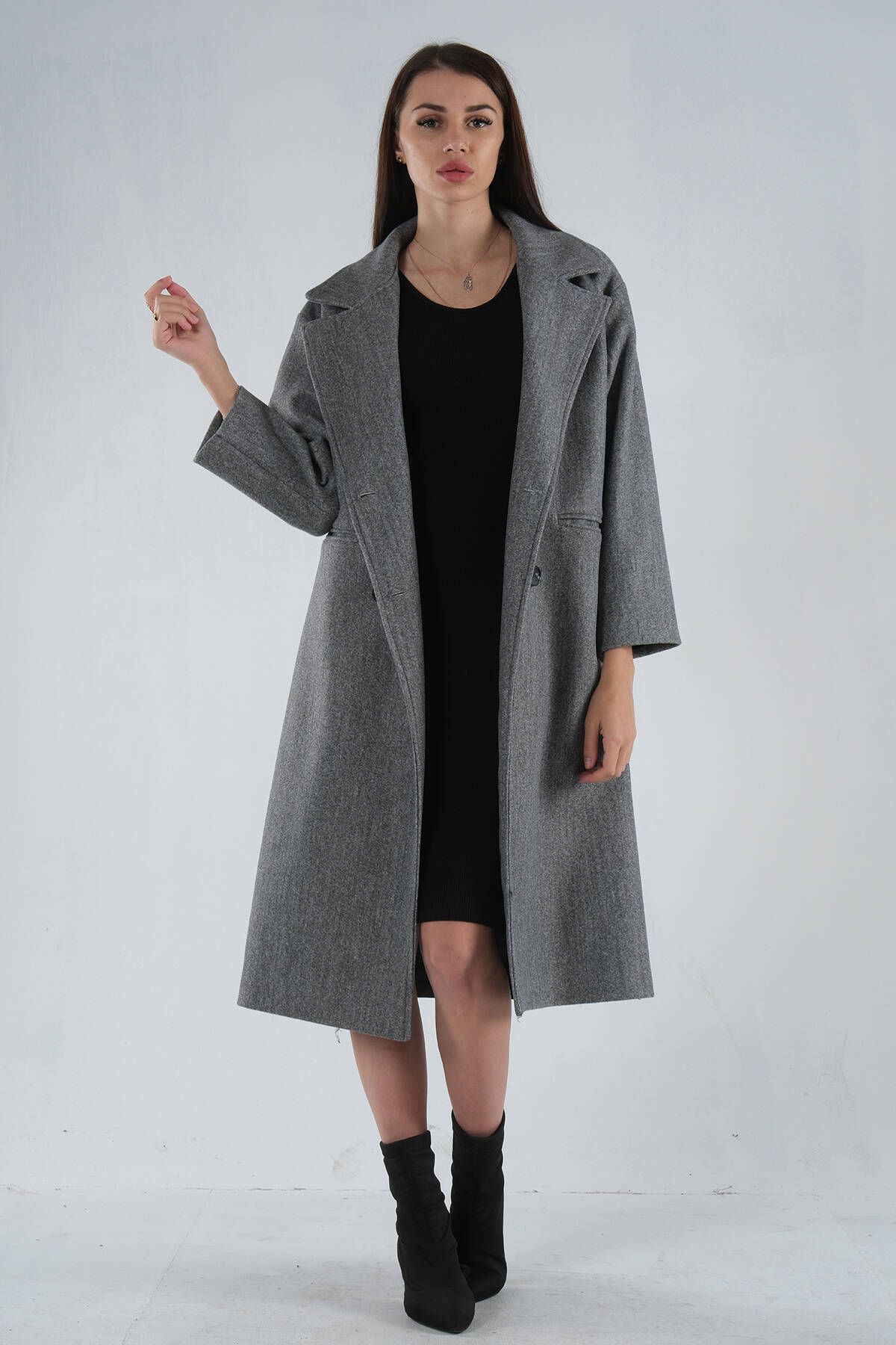 Gri Önden Düğmeli Oversize Örme Kaşe Kaban 0108068.06 - Ardanewline (1)