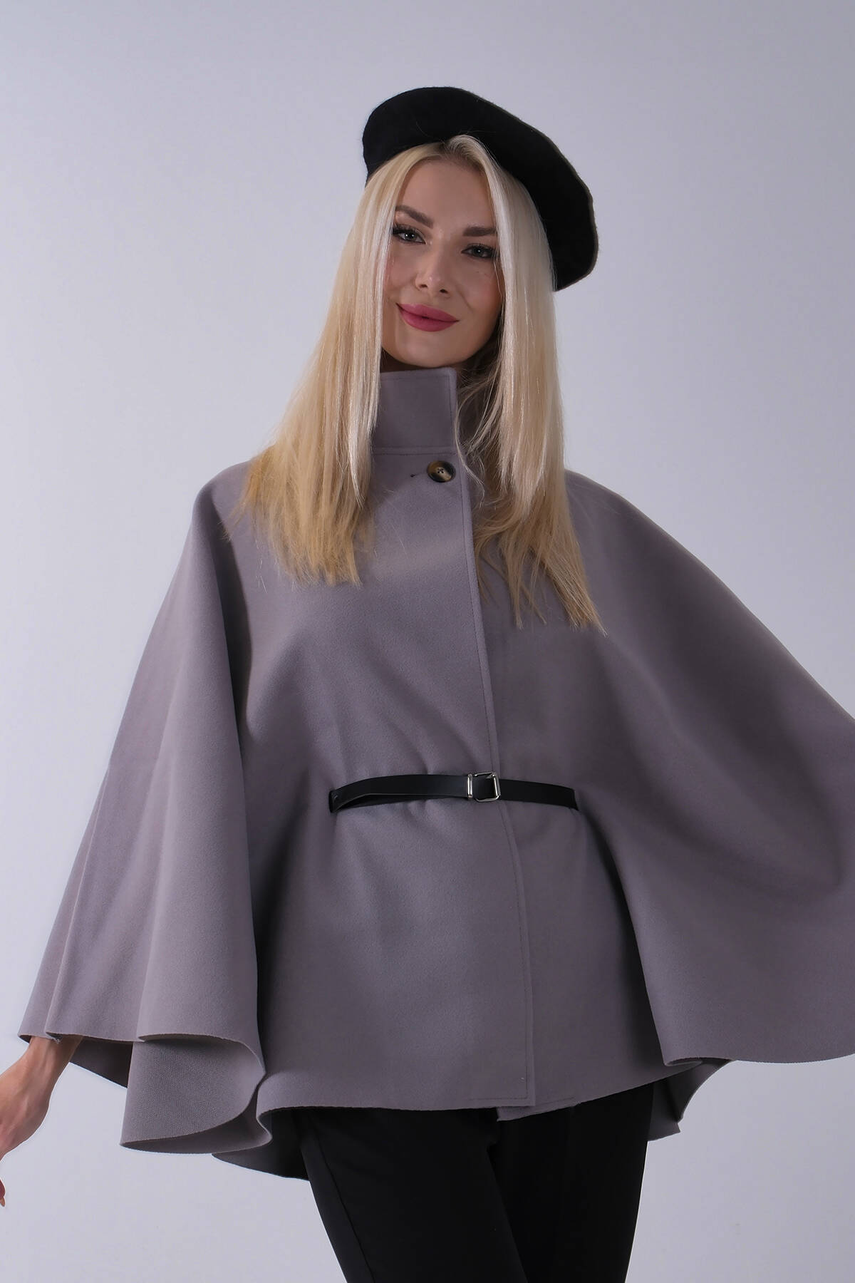 Gri Önü Tek Düğme Kapamalı Kemer Detaylı Panço 47122713.06 - Ardanewline (1)